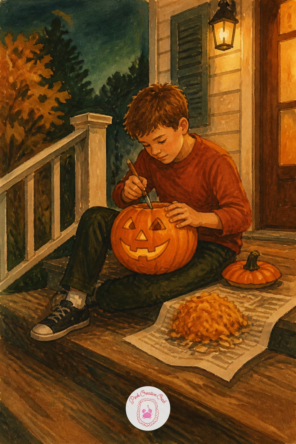 Boy Carving a Pumpkin on the Porch Steps — Start with the pumpkin's cut lid as a single confident curved line, since getting that curve right first makes every
