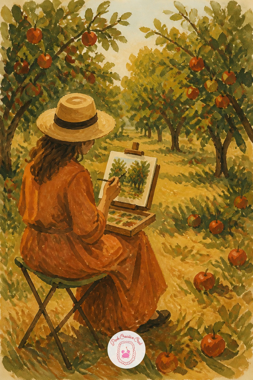 Woman Painting the Orchard on a Fold-Out Stool — A size 4 round brush is the right size for the woman's small painted canvas within this scene, since it needs