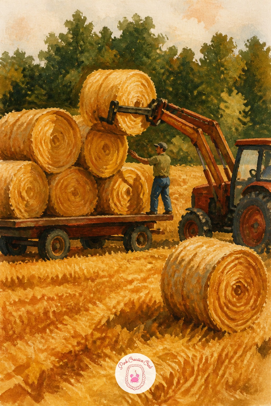 Farmhand Loading Hay Bales — Count the bales before you paint any texture on them. Autumn sketchbook