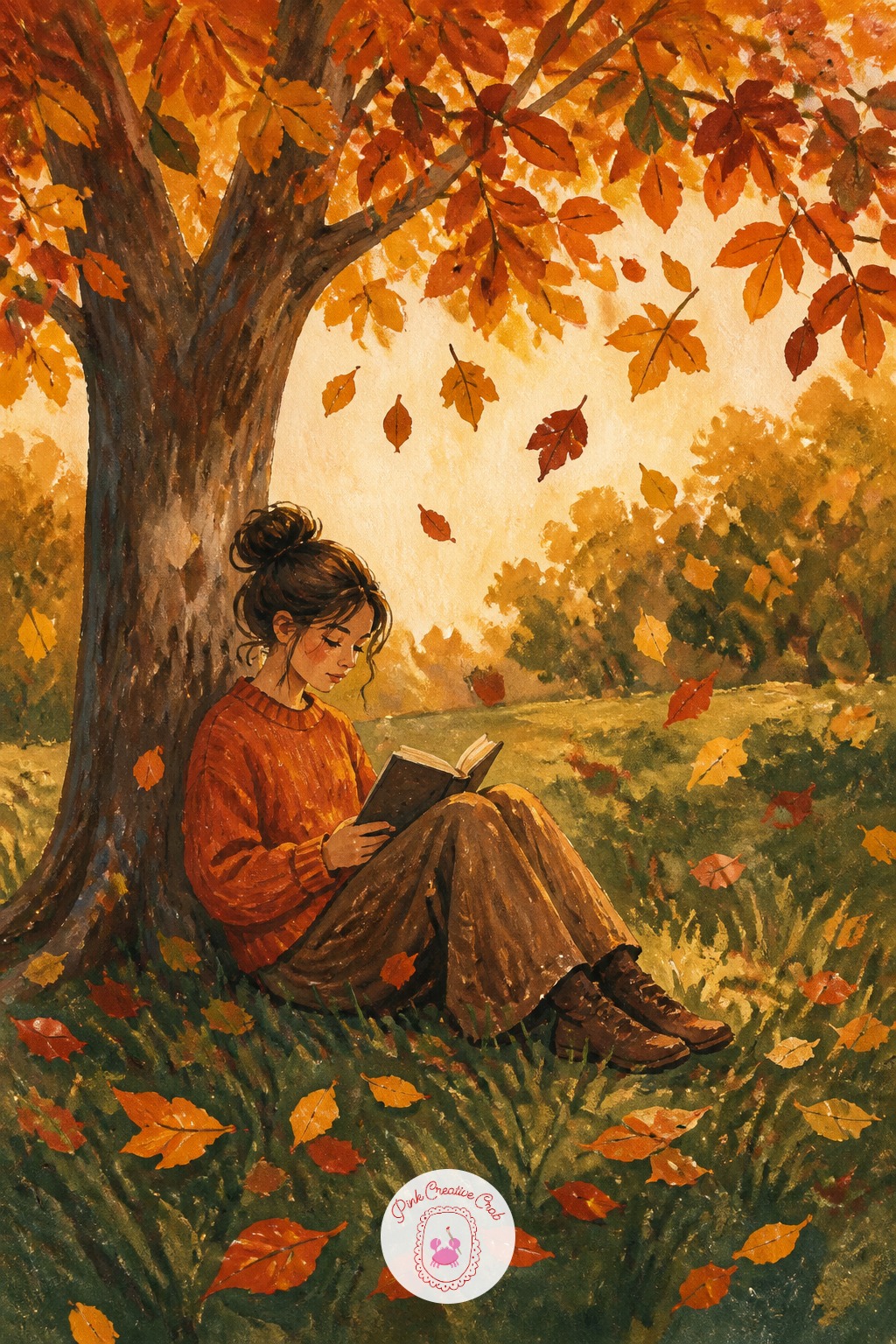 Girl Reading Under a Falling-Leaf Tree — Ten minutes covers the girl seated against the trunk, book in hand, and the tree's basic canopy shape in one flat rust