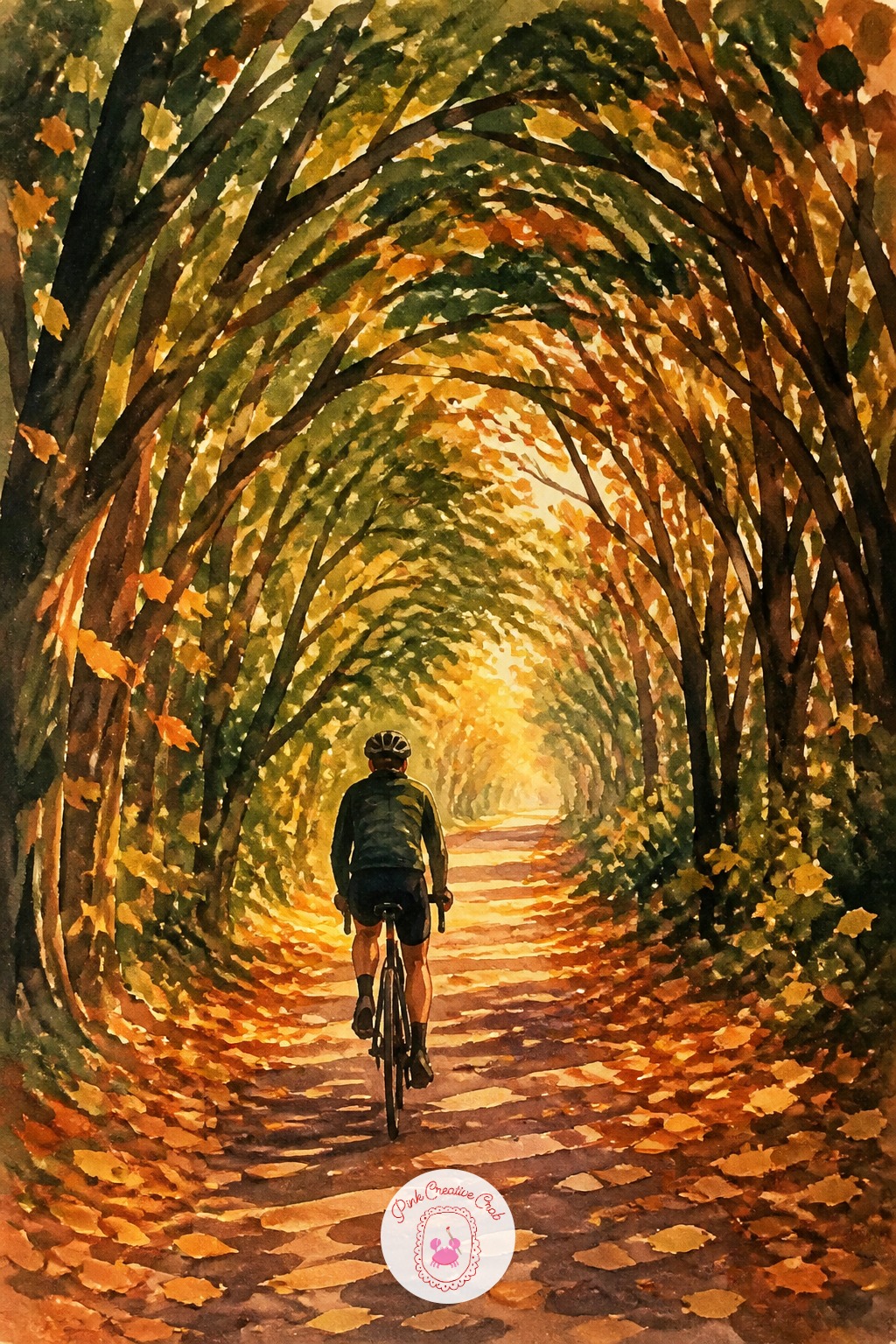 Cyclist Riding Through a Leaf Tunnel — Eye level sits low here, close to the cyclist's own height, which pushes the tree branches overhead into a converging