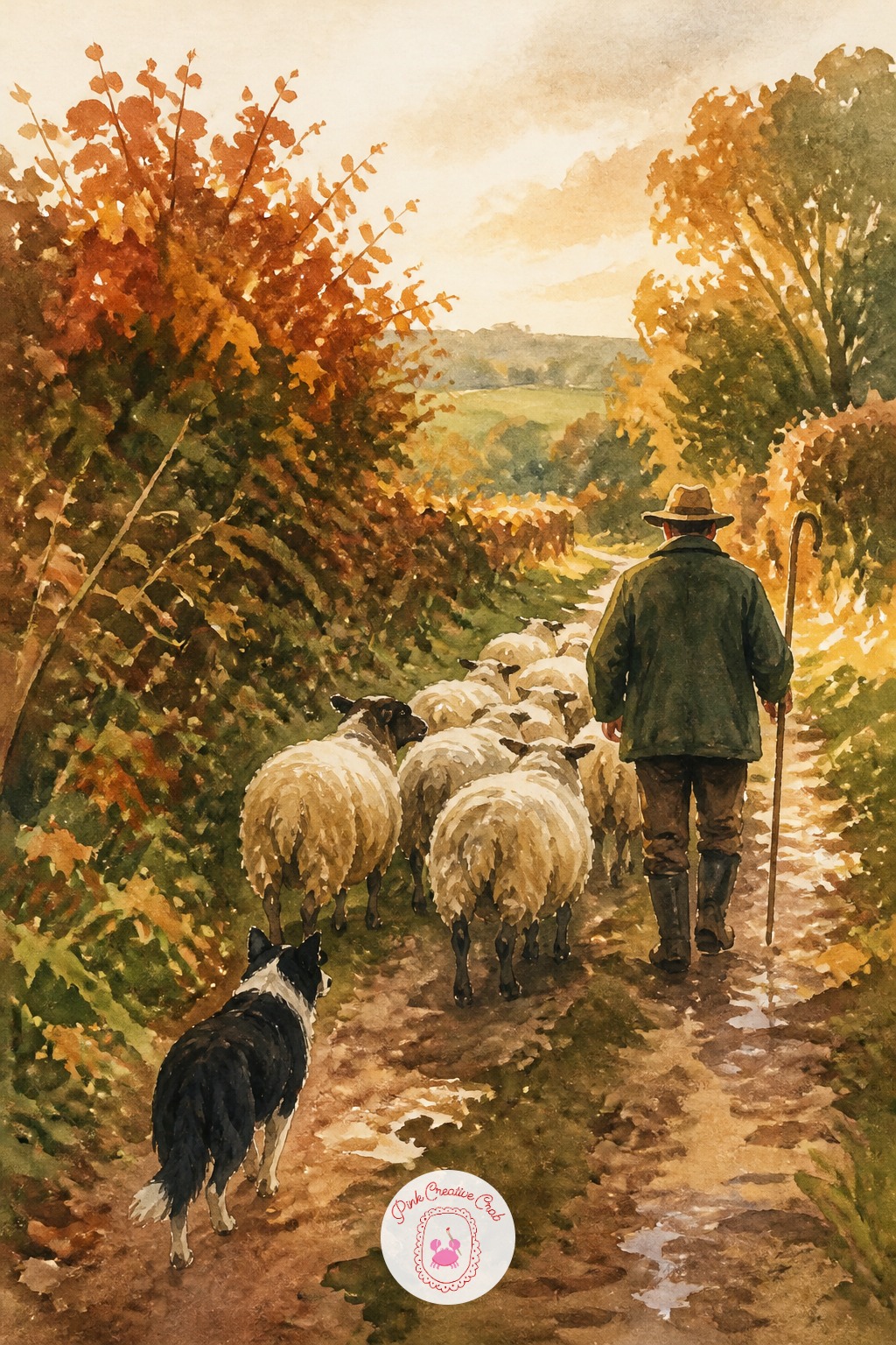 Shepherd Moving Sheep Past a Hedgerow — The usual mistake with a flock is painting every sheep the same size, which flattens the whole group into a pattern