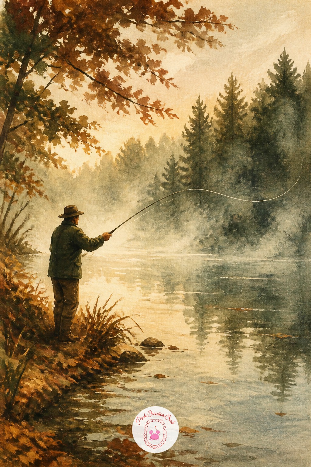 Fisherman Casting From a Misty Riverbank — Lift color back out with a damp clean brush to build the mist along the riverbank, rather than trying to paint fog