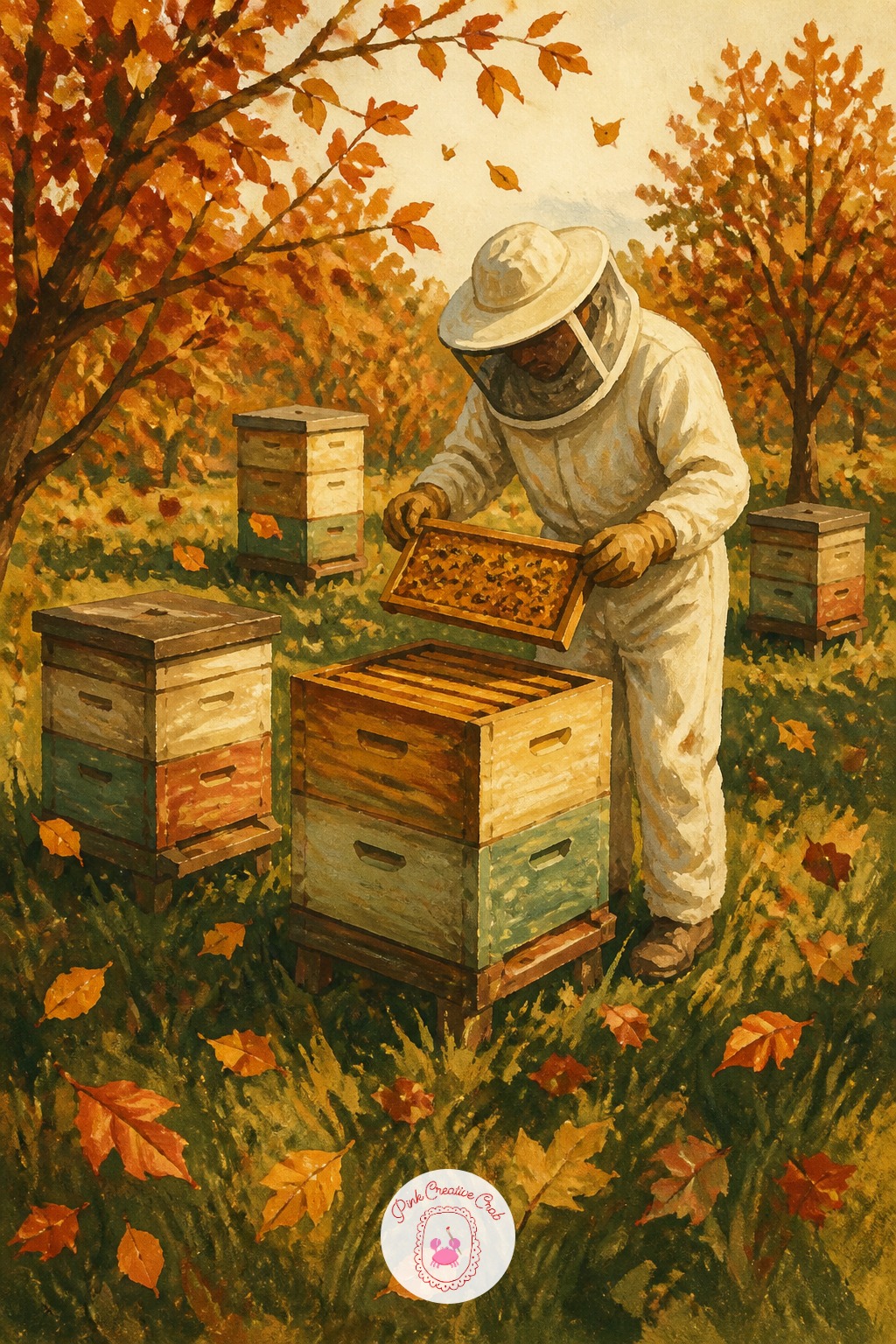 Beekeeper Checking Hives Among Falling Leaves — Keep the hive boxes as simple stacked rectangles, lightly shaded on one side only, since fussing over wood
