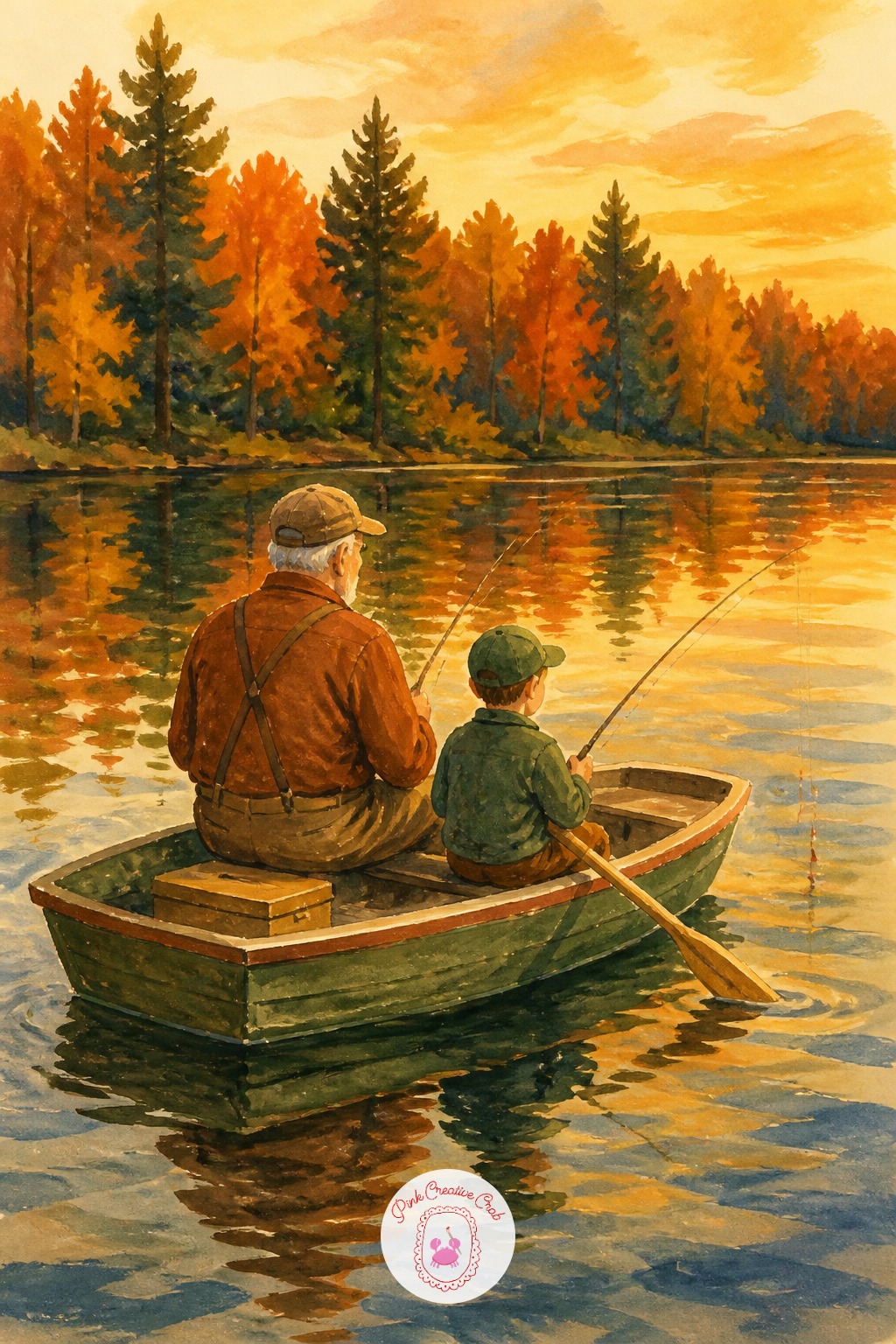 Grandfather and Grandson Fishing From a Rowboat — Measure the rowboat against the two figures seated in it: a small rowboat is usually about three