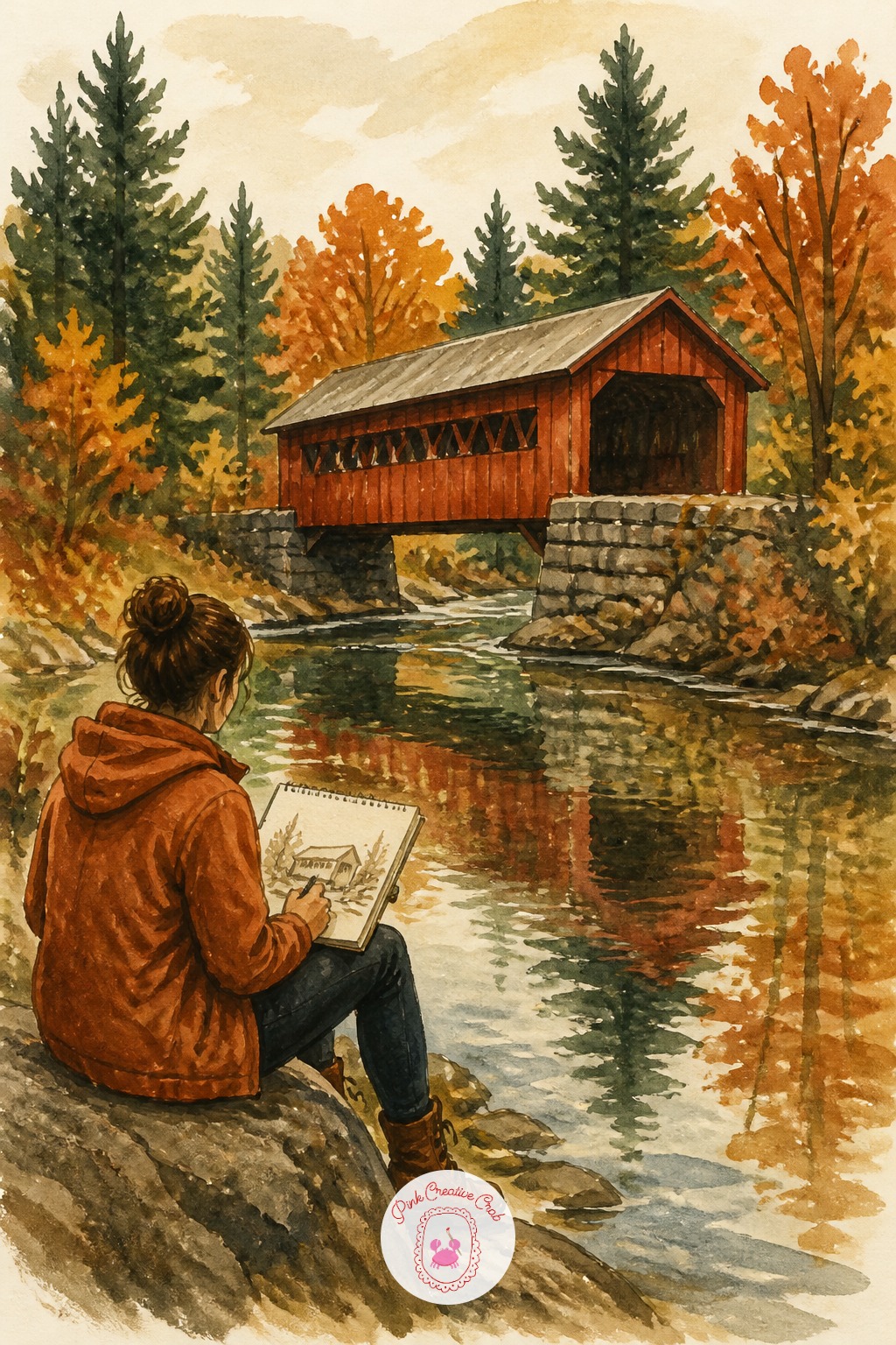 Woman Sketching a Covered Bridge — A smaller round brush, size 2 or 3, earns its place only for the woman's sketchbook page within this scene, kept as a few