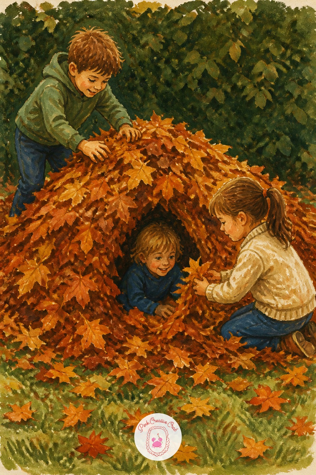 Children Building a Leaf Fort — Light from one low warm source again, but this time let it rake across the leaf pile itself so each handful the kids pile on