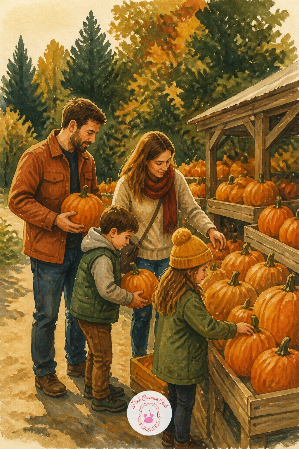 Family Choosing Pumpkins at a Roadside Stand — The usual mistake with a group scene is spacing every figure evenly, which looks staged rather than candid.