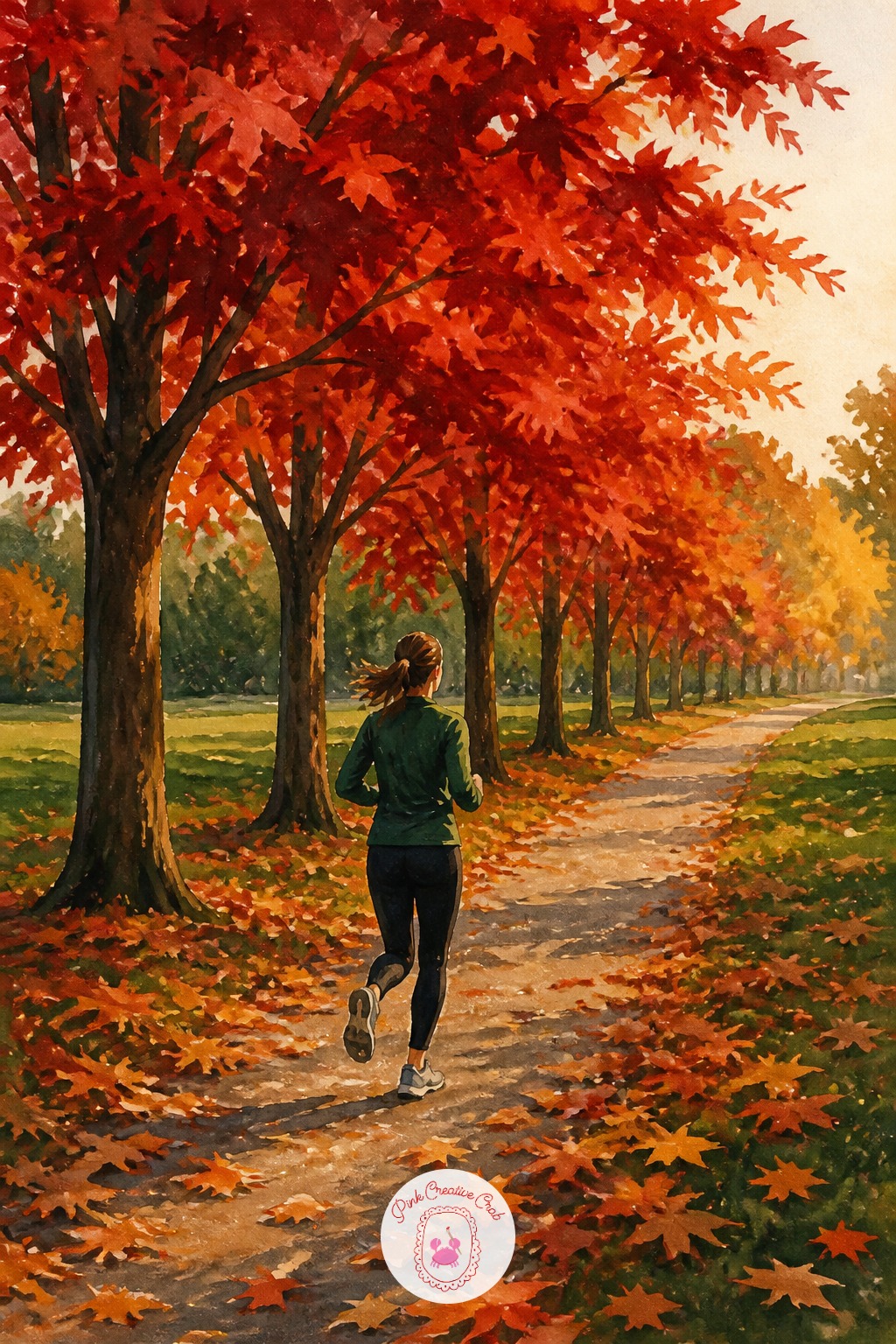 Jogger Running Past a Row of Red Maples — Ten minutes gets the jogger's gesture, a lean forward with one arm bent, and the nearest maple in flat rust color.