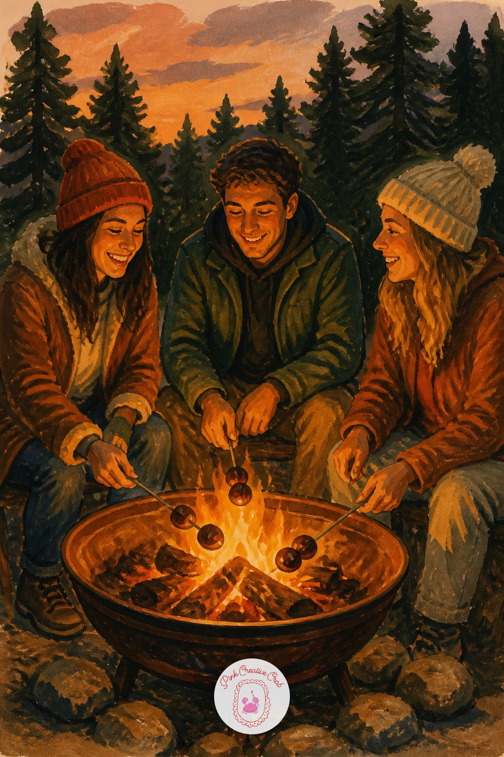 Trio Roasting Chestnuts Over a Firepit — Light this entirely from the firepit itself, low and orange, which means every face turned toward it gets a warm rust