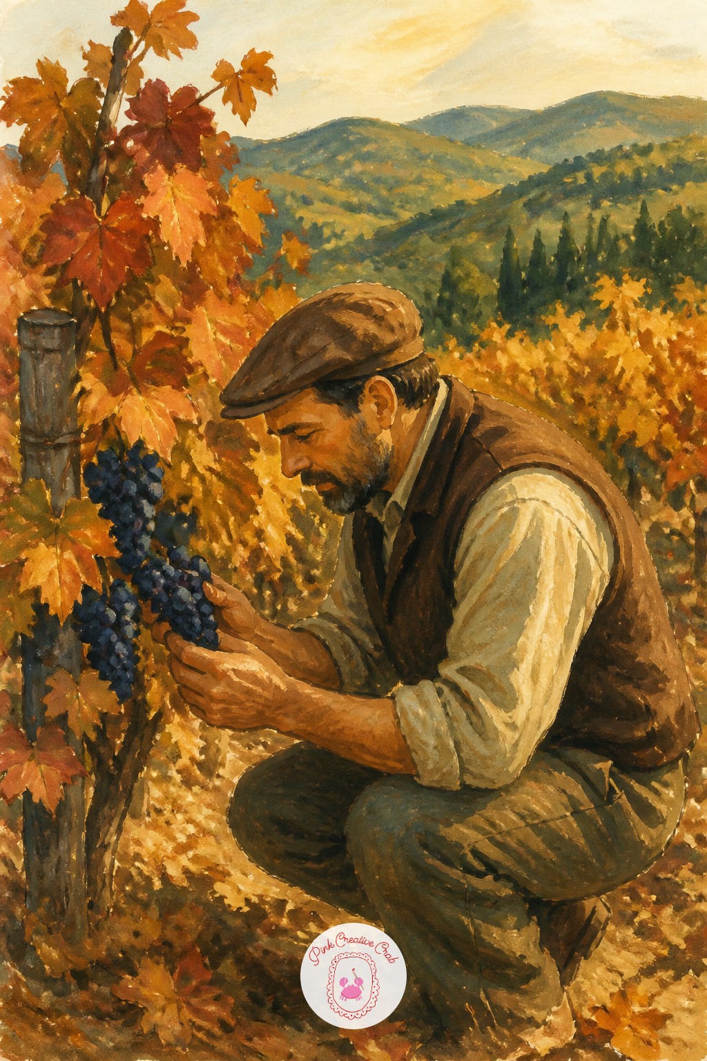 Vintner Checking Grapevines in Late Autumn — Rows of vines are a perspective exercise in disguise. Autumn sketchbook