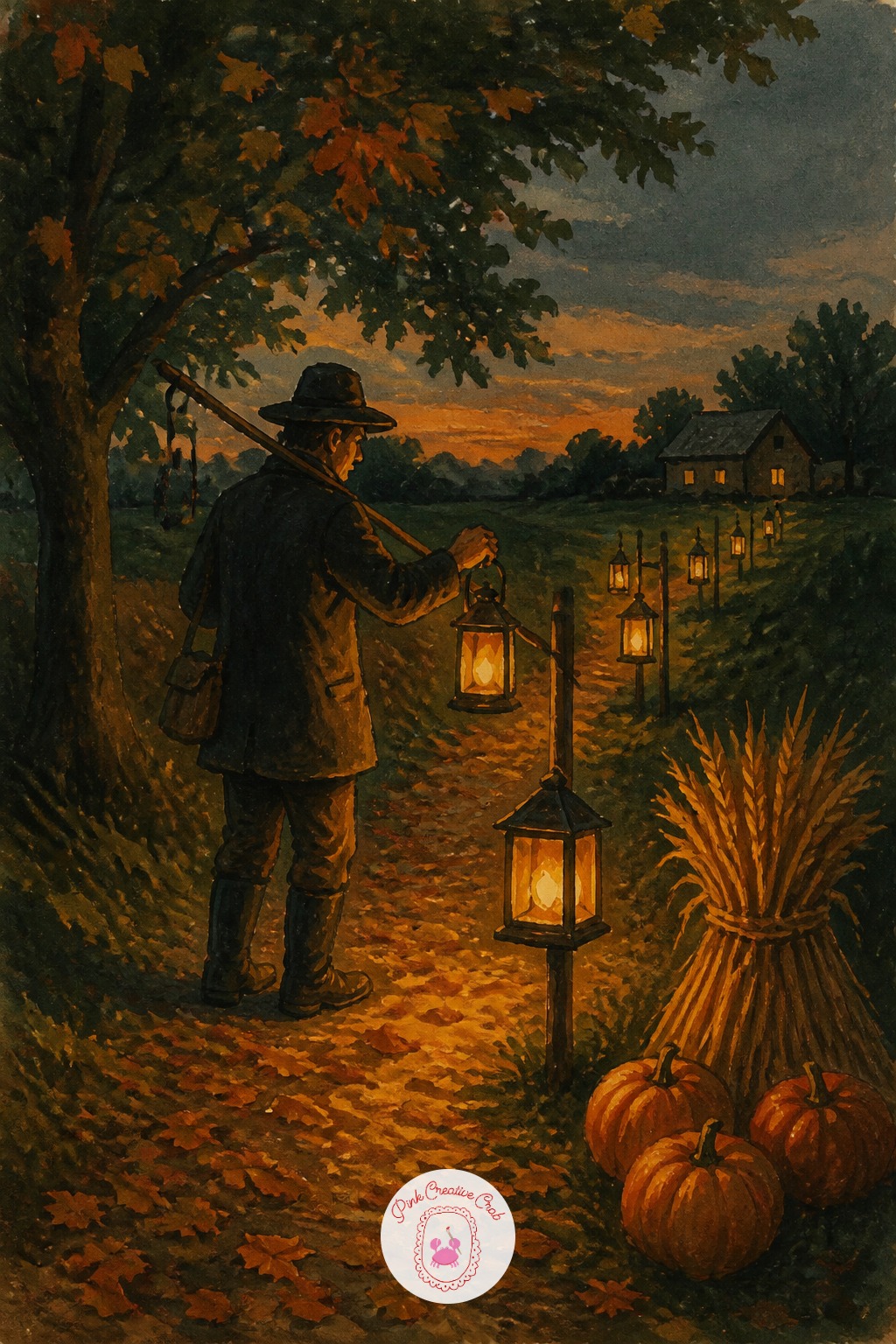 Night Watchman Lighting Lanterns Along a Harvest Path — Flip the usual daylight logic here: the lanterns are now the brightest points on the page, so paint the