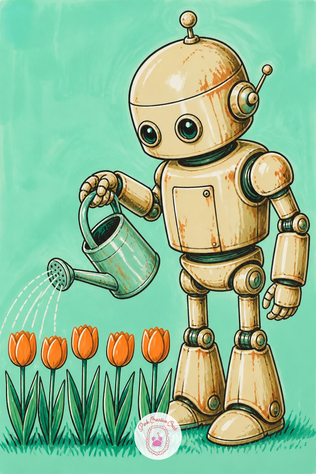 Rusty Robot Gardener Watering Tulips — Lay down three marks before anything else: the watering can spout, the stream of water, and the row of tulip heads it is