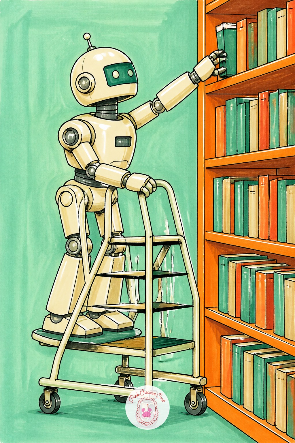 Robot Librarian On a Rolling Ladder — Measure the ladder against the robot's own body first: make the robot about three heads tall and the ladder roughly four