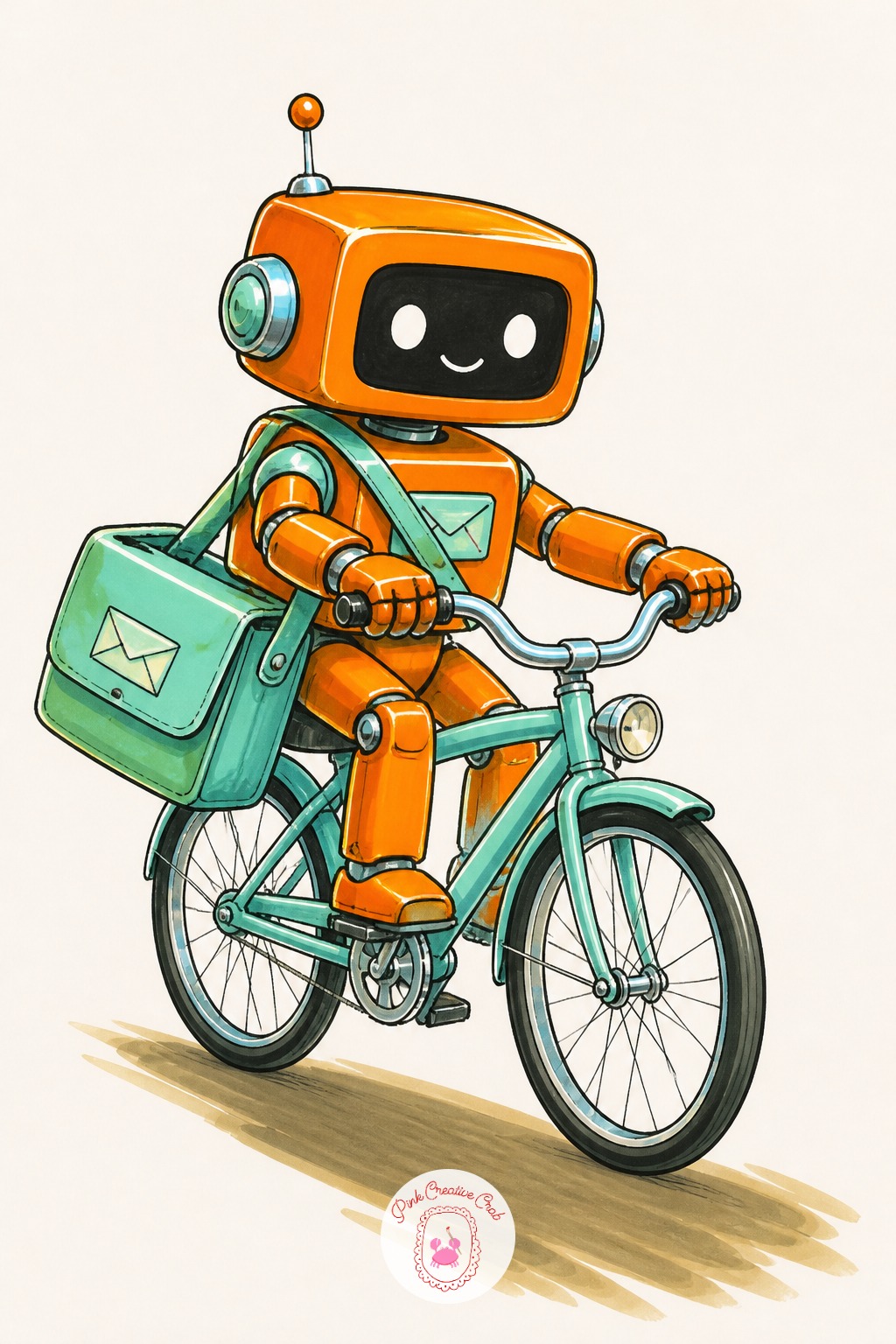 Tiny Mail Robot On a Bicycle — Light source first on this one: put the sun up in one corner and let every shadow fall the same direction, under the bicycle