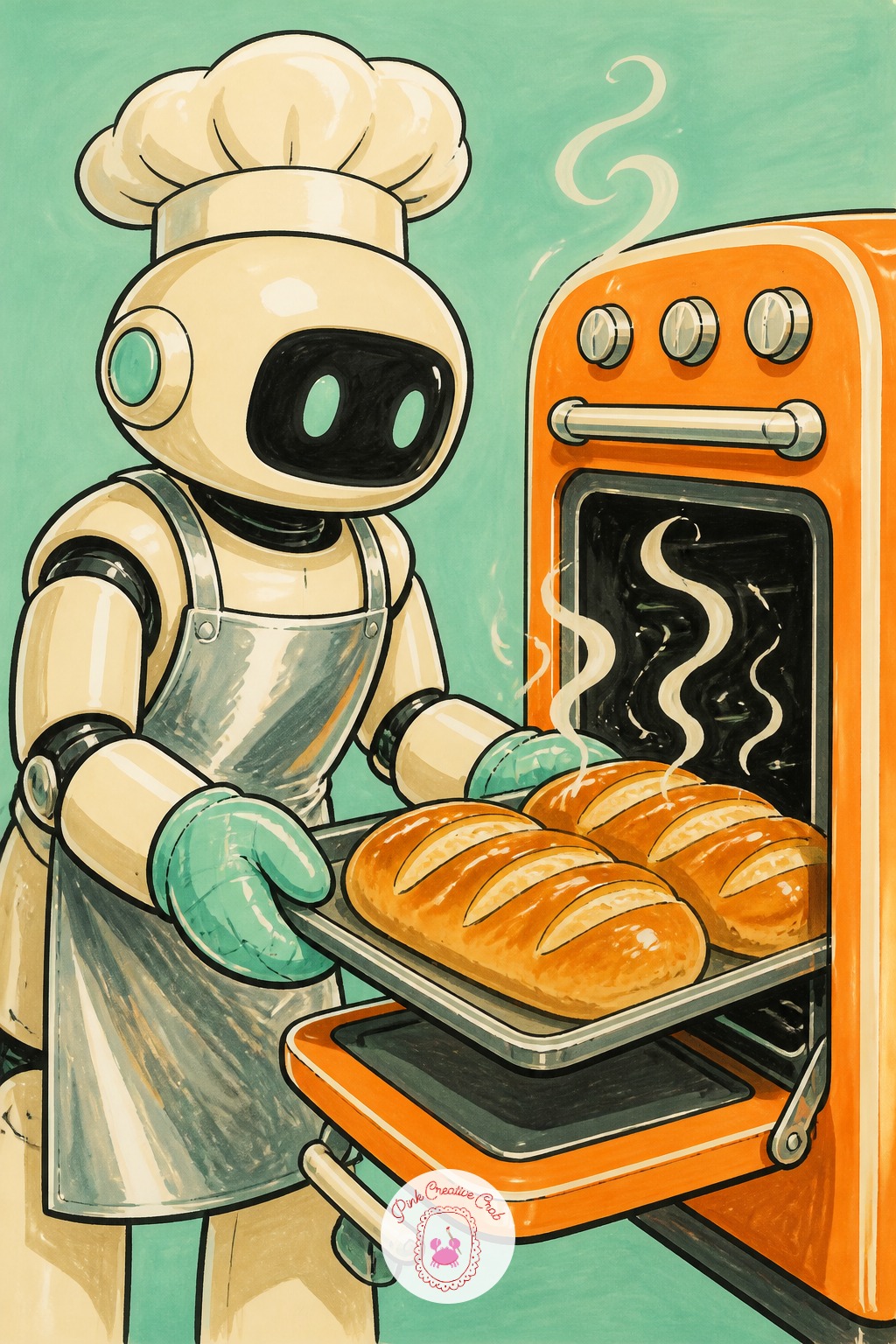 Robot Baker Pulling Bread From the Oven — The usual mistake here is drawing the oven door flat on, which flattens the whole scene. Cool sketchbook pages