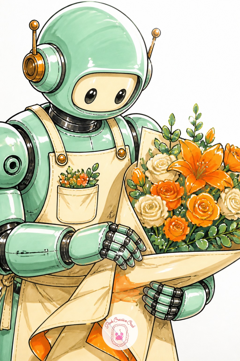 Robot Florist Wrapping a Bouquet — Ten minutes gets you the robot, the bouquet shape and a flat background, enough for a quick page. Cool sketchbook pages