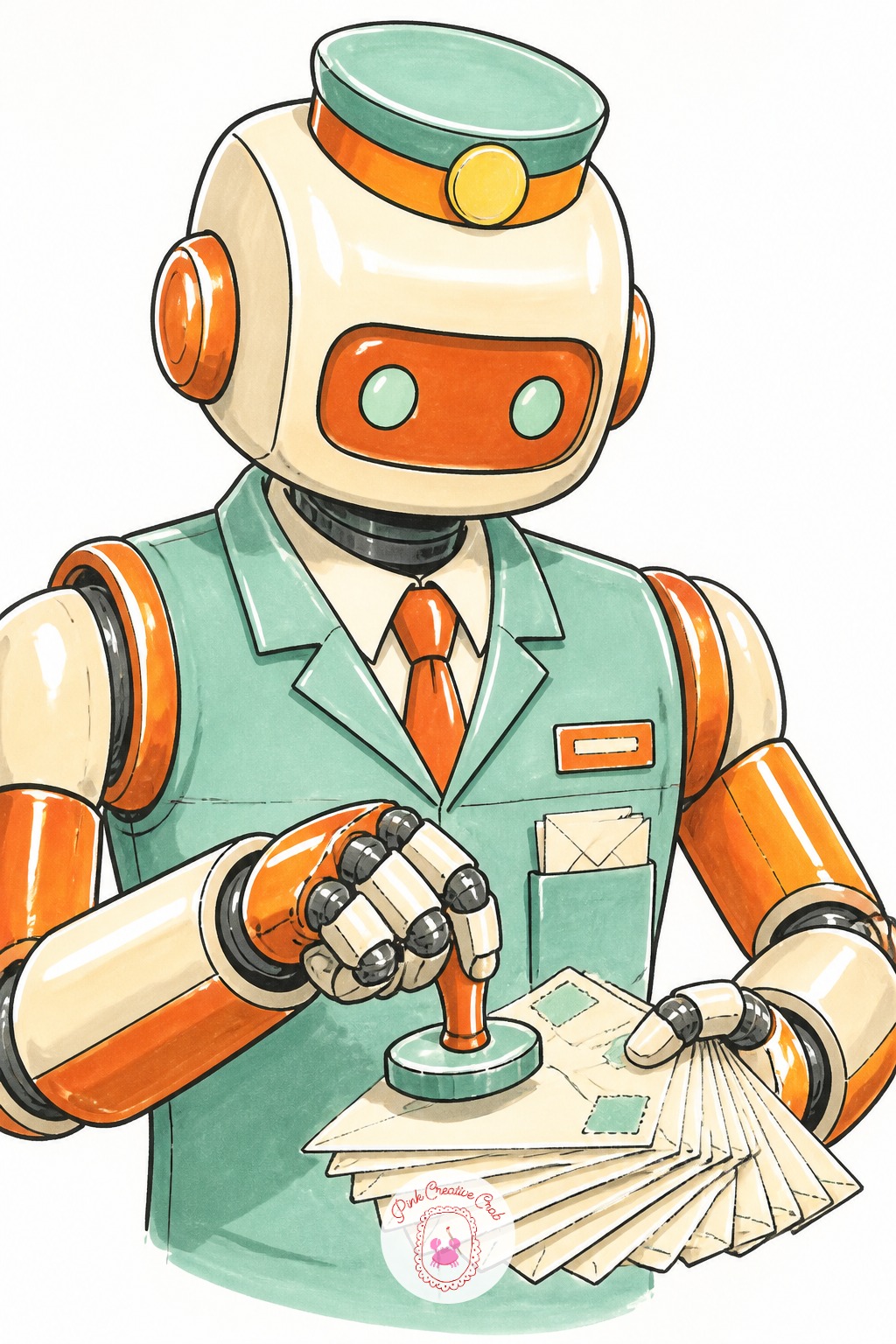 Robot Postal Clerk Stamping Letters — Compare the stamp to the robot's hand span before drawing the counter: the stamp should look roughly a third the size of