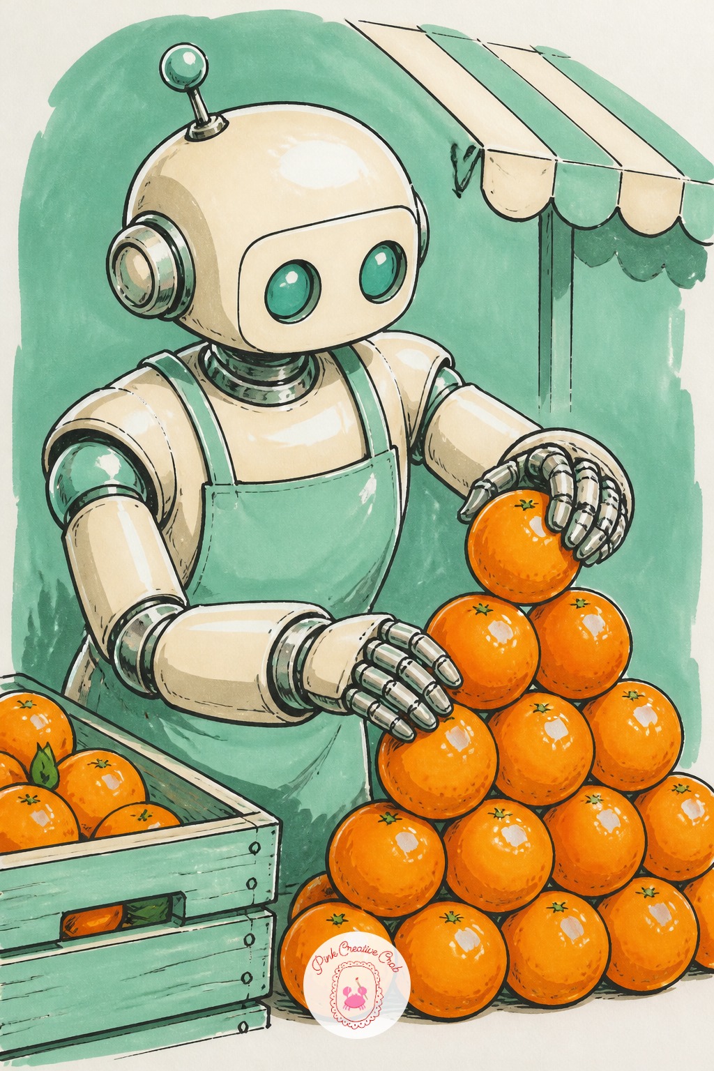 Robot Greengrocer Stacking Oranges — Dry brush your marker almost empty for the crate wood grain, dragging it sideways in short strokes so the texture stays