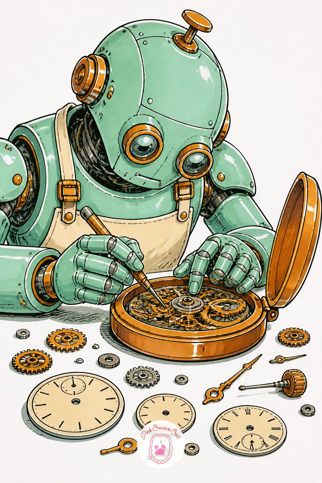 Robot Clockmaker At a Workbench — Build the bench first, then the robot leaning over it, since a workbench scene lives or dies on what sits where. Cool