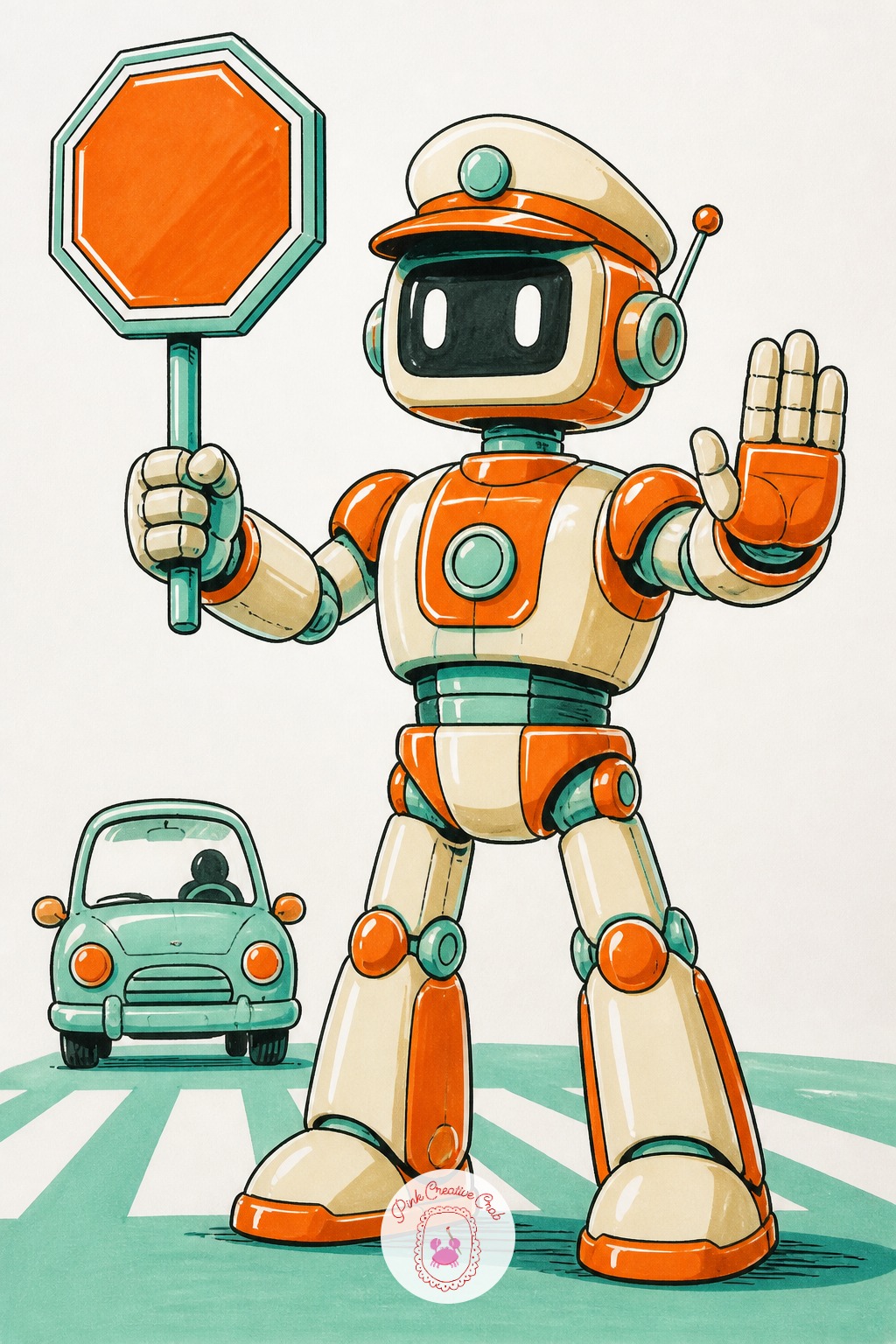 Robot Crossing Guard Stopping Traffic — Eye level sits low on this one, right at the robot's chest, which makes the stop sign loom up large and gives the scene