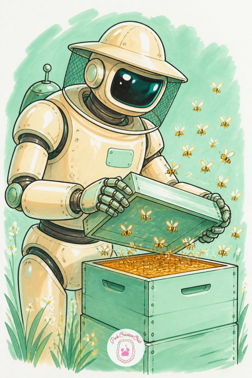 Robot Beekeeper Checking a Hive — Three marks to start: the hive box, the robot's visor, and the cloud of bee dots between them, since that triangle of shapes