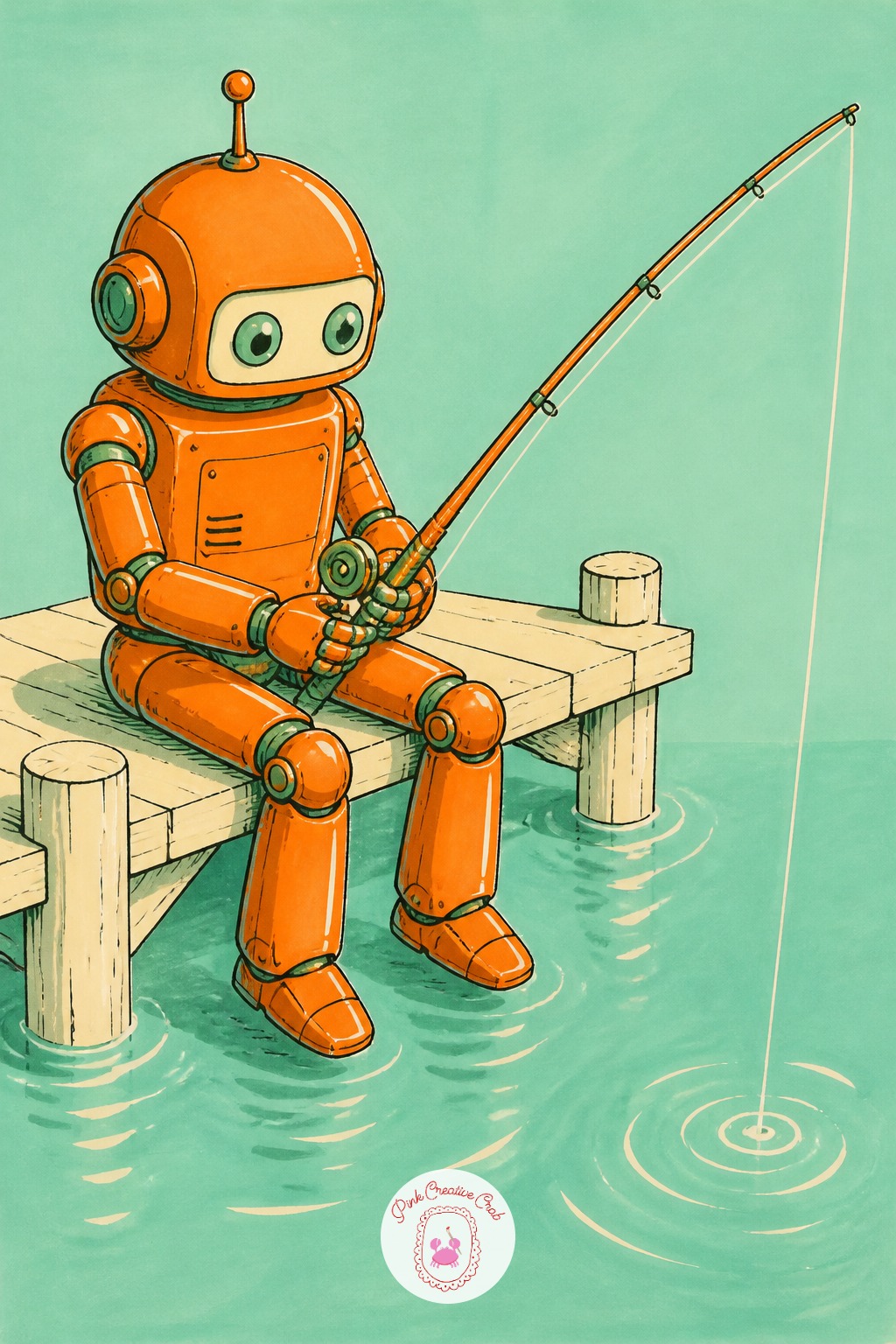 Robot Fisherman On a Little Dock — Compare the fishing rod to the robot's height before drawing the water: the rod should stretch at least one and a half