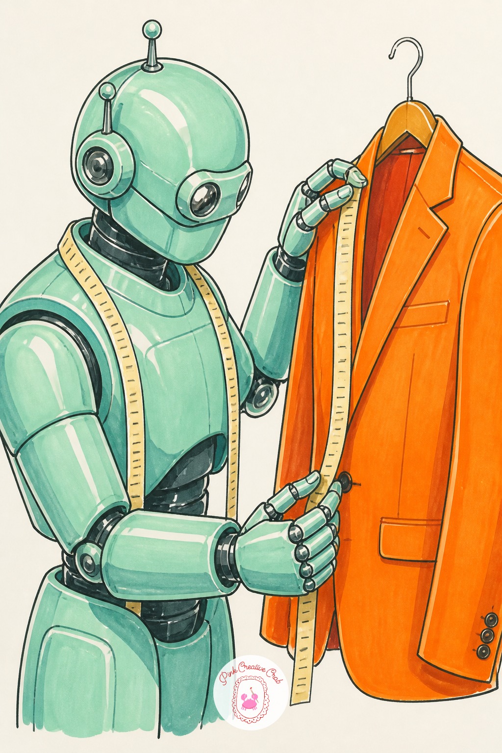 Robot Tailor Measuring a Jacket — The usual mistake with a tailor scene is making the measuring tape stiff and straight, which looks more like a ruler. Cool