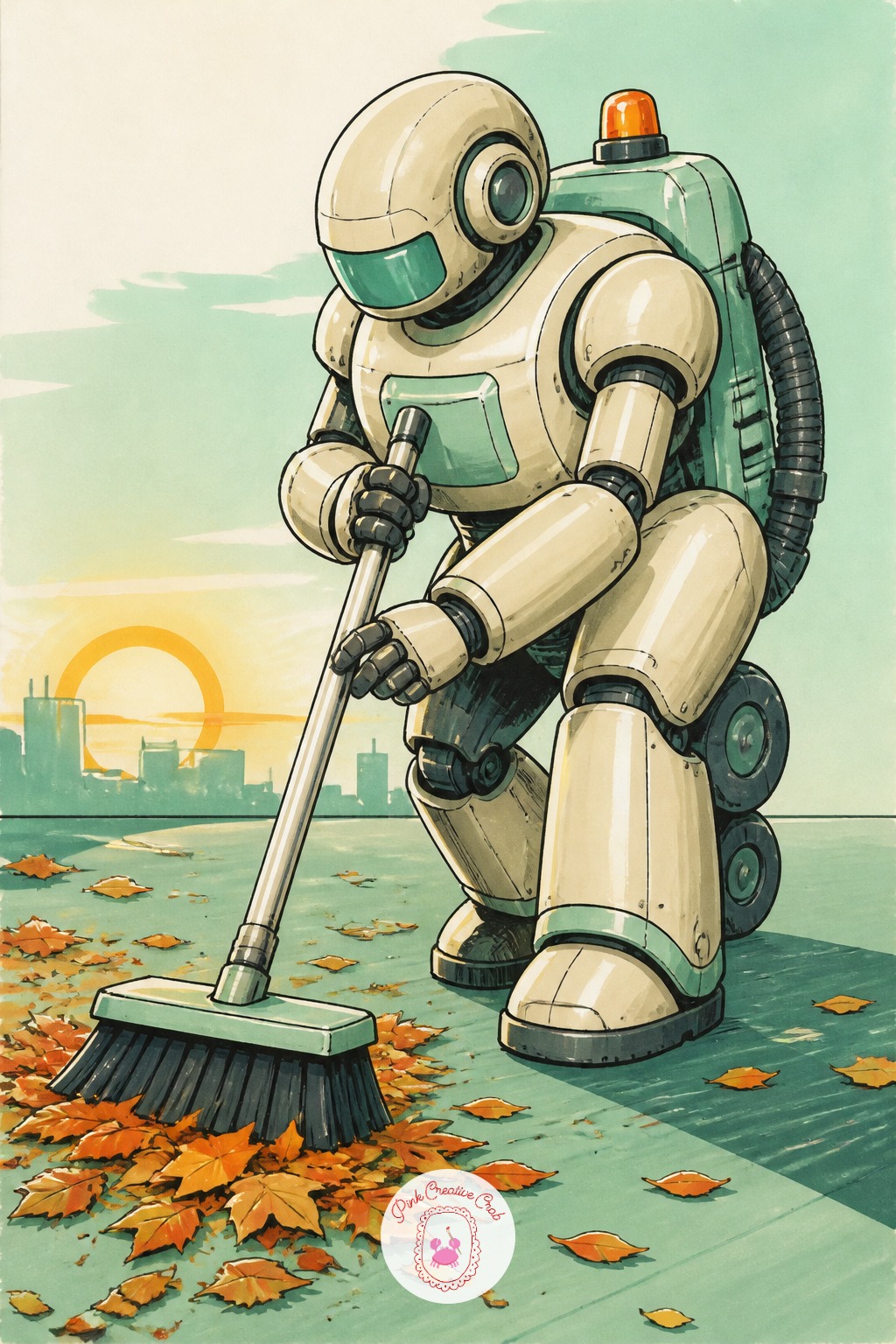 Robot Street Sweeper At Dawn — Light source comes from one low corner here, casting the robot's broom and its own shadow long across the page. Cool sketchbook