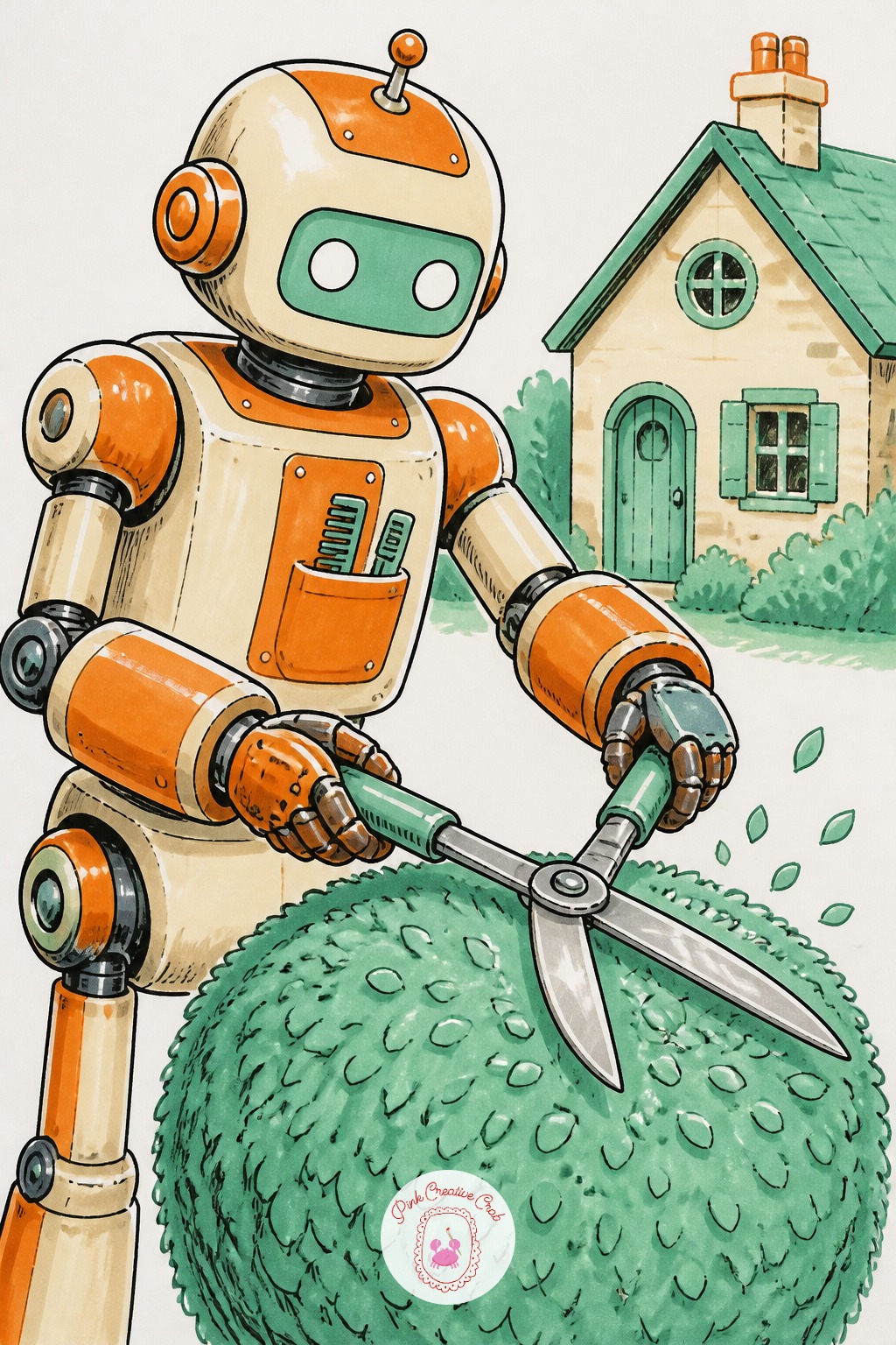 Robot Barber Trimming a Hedge — Robots doing yard work are an easy trap for sameness, so give this one a distinct job: shears in hand, trimming a hedge into a
