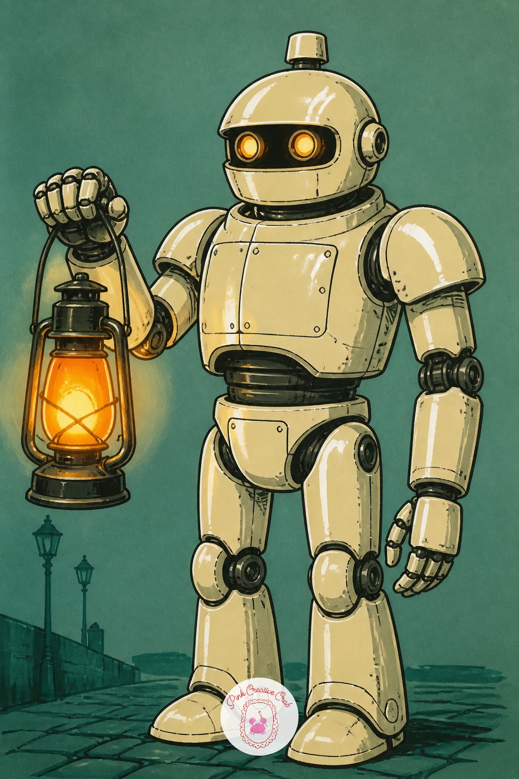 Robot Night Watchman With a Lantern — Light source is everything on this page: the lantern is the only bright spot, so everything around it fades to a darker