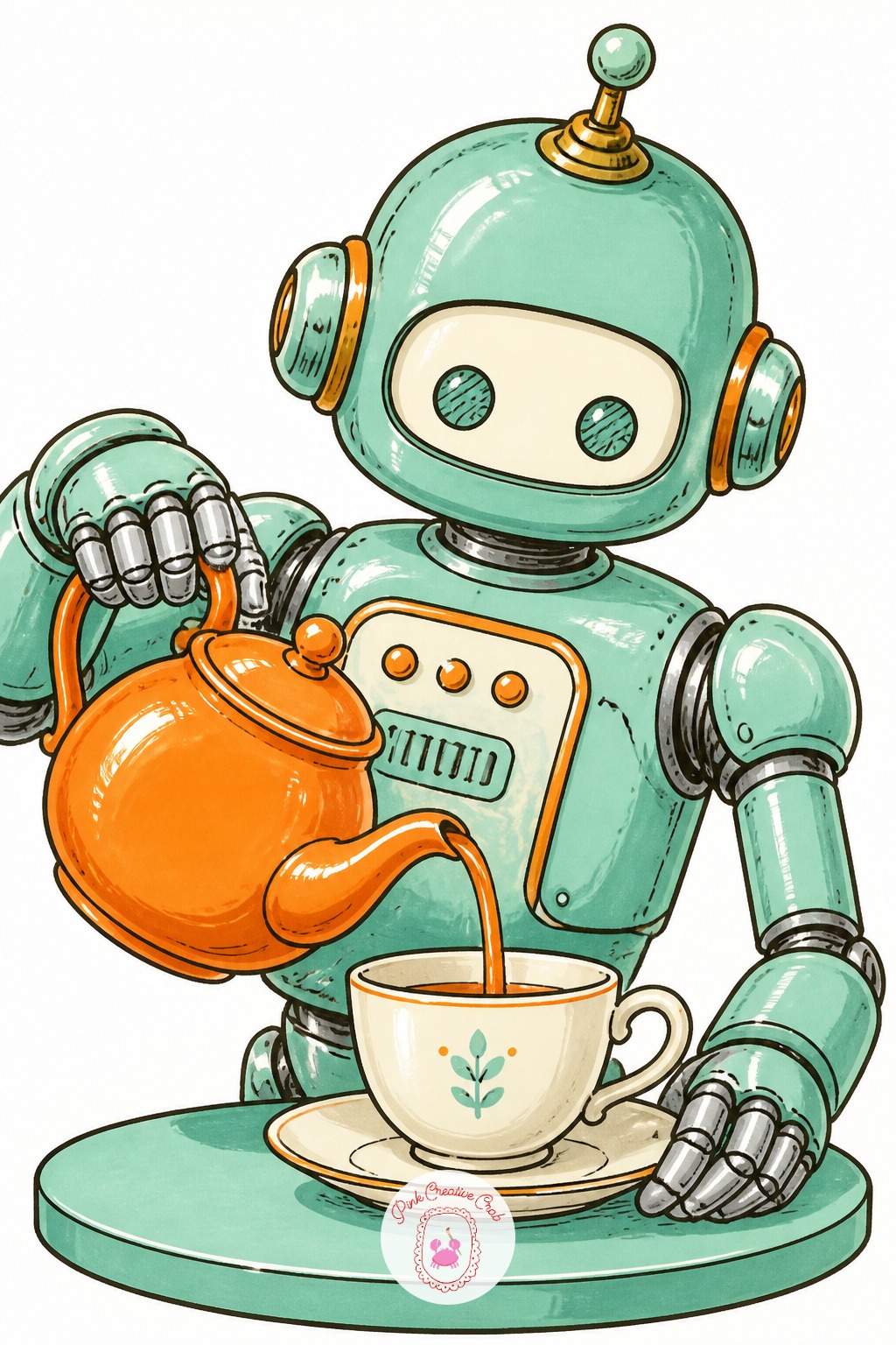 Robot Barista's Cousin, the Tea Pourer — Start with the stream of tea pouring from the pot into the cup, since that curved line decides the tilt of everything