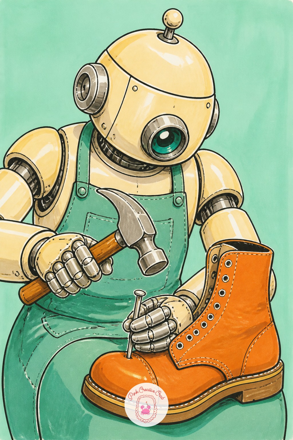 Robot Cobbler Fixing a Boot — Use a fine liner for the stitching detail on the boot, since that is the one place on this page that benefits from a thin crisp