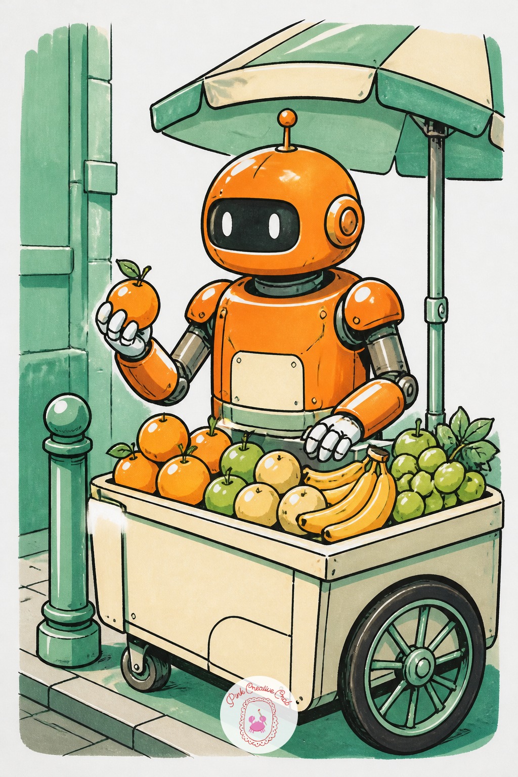 Robot Fruit Cart Vendor At the Corner — Compare the cart to the robot before drawing either: the cart should sit about chest high on the robot, low enough that