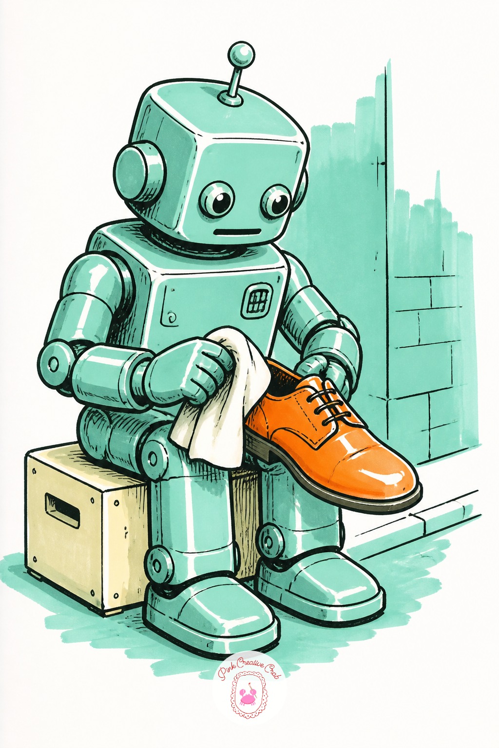 Robot Shoe Shiner On a Box — Eye level sits low again here, looking slightly up at the seated customer's shoe to make the robot feel small and busy at street