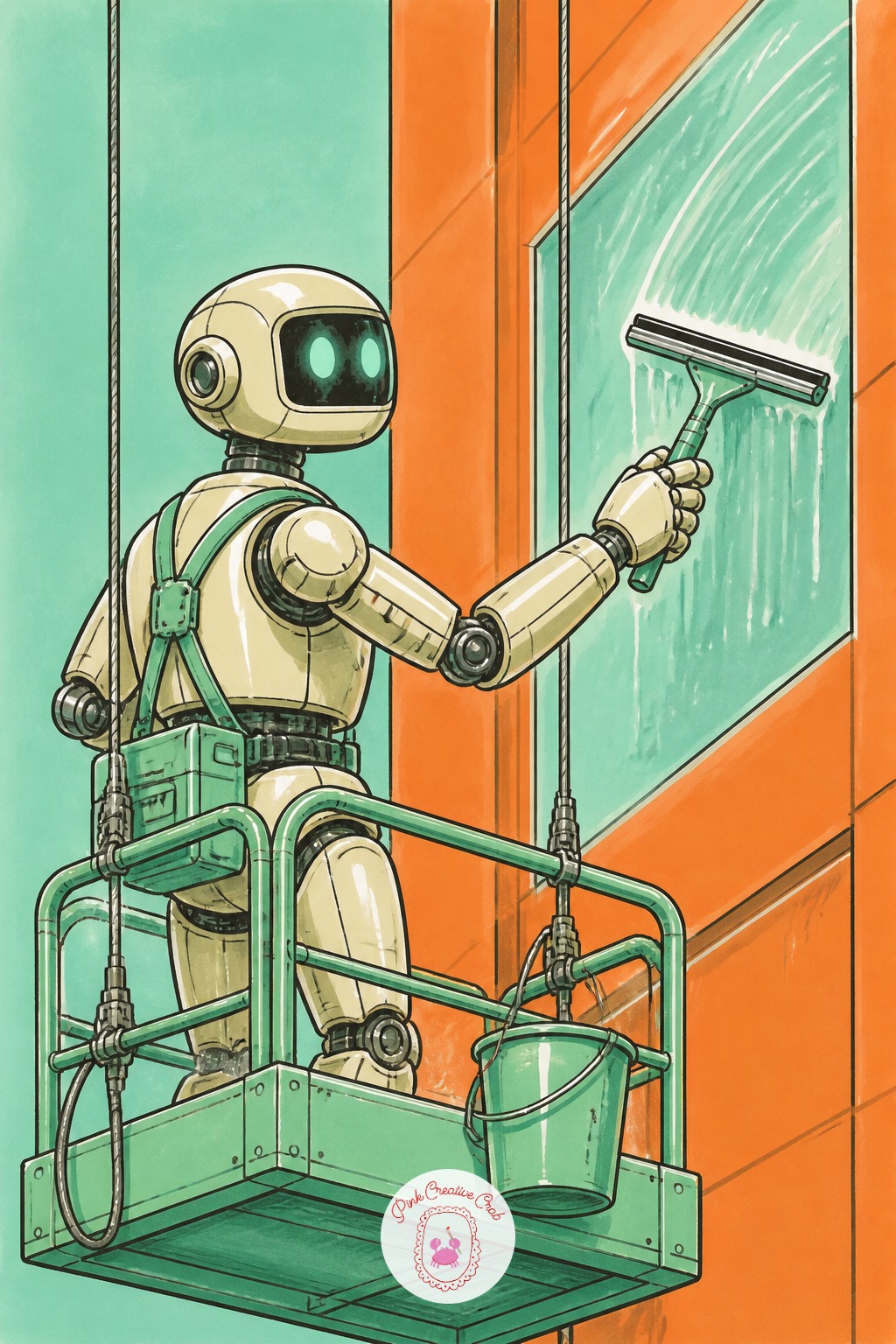 Robot Window Washer On a Platform — Perspective matters most here: put the horizon line low, near the bottom of the page, so the building front stretches up