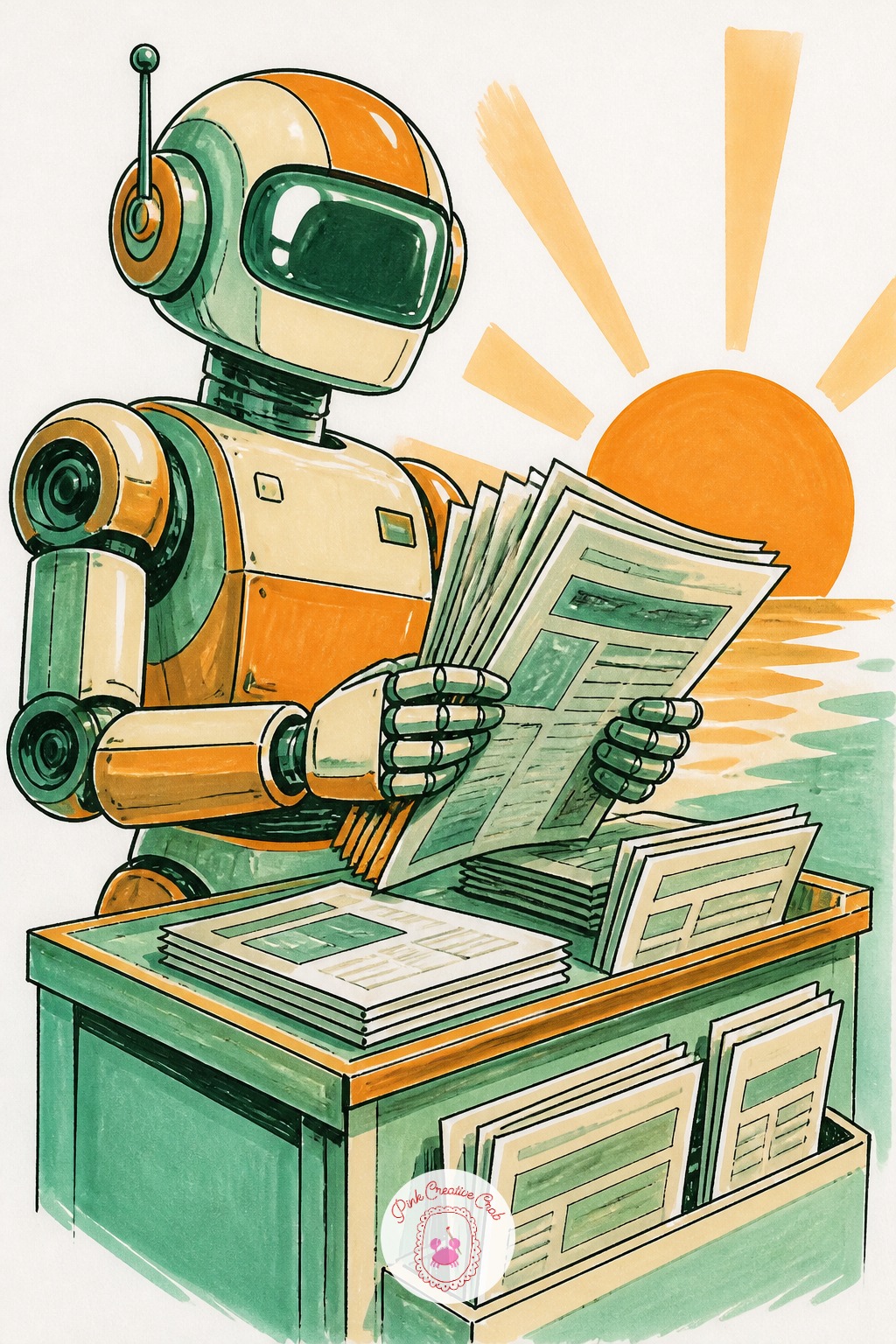 Robot Newsstand Vendor At Sunrise — Build the stack of newspapers first, fanned slightly rather than squared off, since a too-neat stack looks printed rather