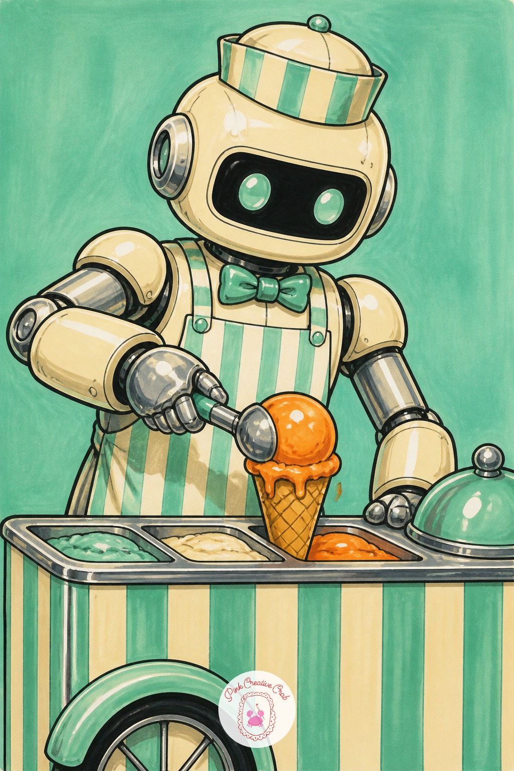 Robot Ice Cream Vendor At the Cart — The usual mistake with ice cream scenes is drawing the scoop as a perfect sphere sitting stiffly on the cone, which looks