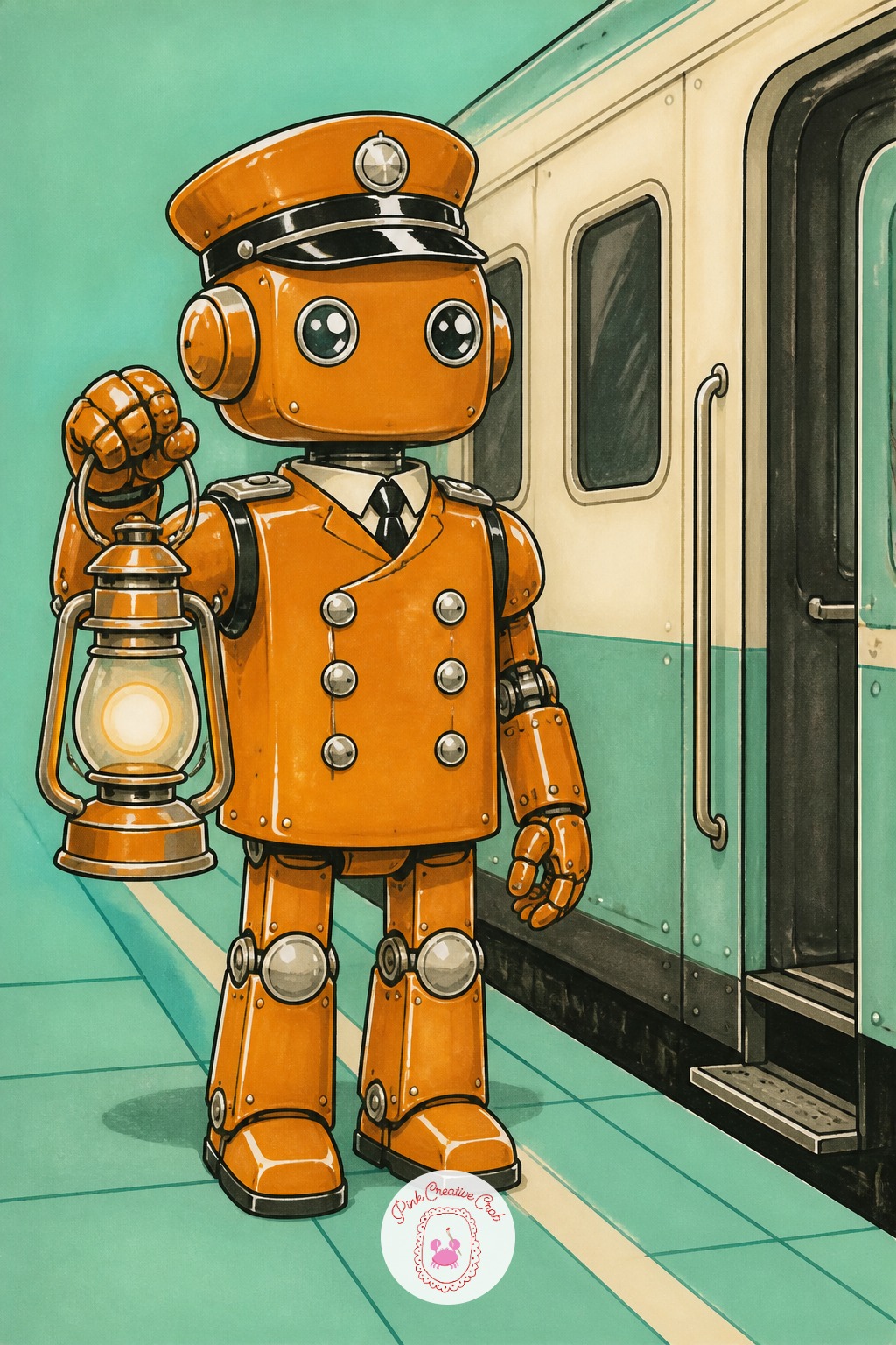 Robot Train Conductor On the Platform — Measure the robot against the train car behind it: keep the robot roughly a third the height of the carriage door
