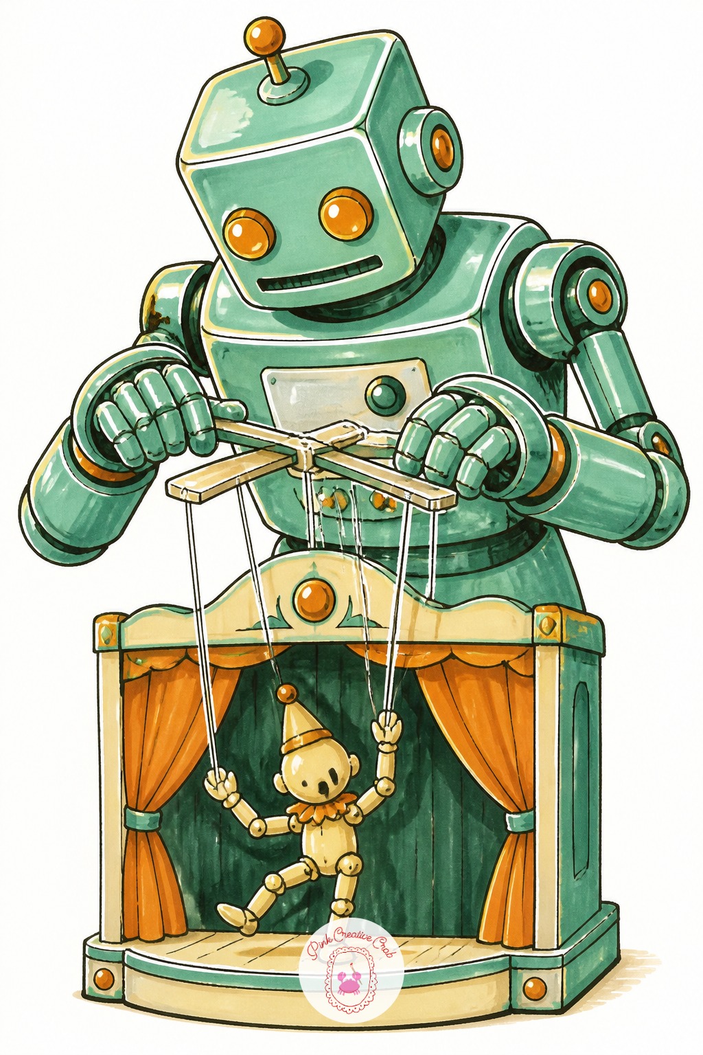 Robot Puppeteer At a Tiny Theater — This one asks for a slightly more involved scene, so plan the layout before inking: puppet theater frame at the top third