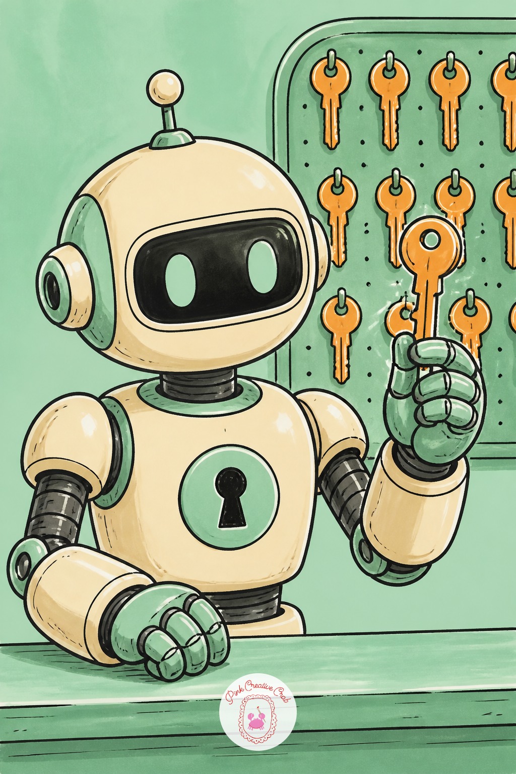 Robot Locksmith At a Little Shop Counter — Key shapes are small and easy to fumble, so simplify hard: a key is just a thin rectangle shaft with two or three