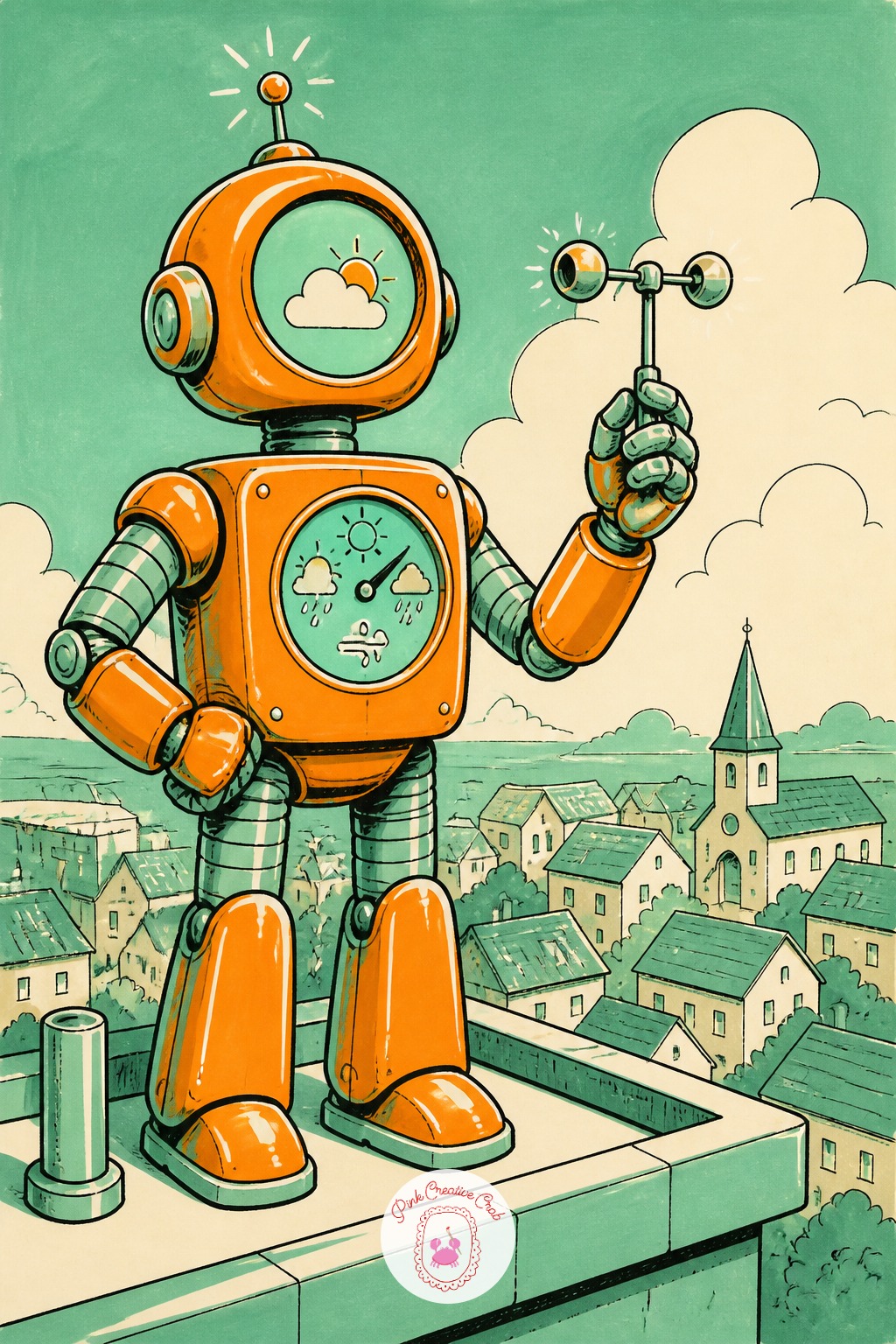 Robot Weather Forecaster On a Rooftop — Eye level goes high here, looking down slightly over a rooftop railing so the little town spreads out small beneath the