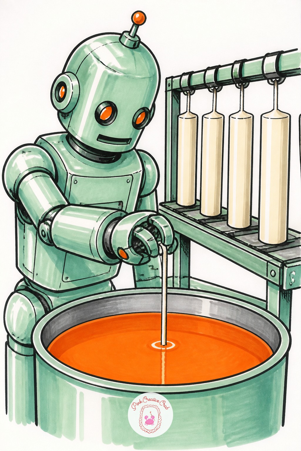 Robot Candle Maker Dipping Wicks — Ten minutes gives you the robot and the dipping vat alone, a complete little page on its own. Cool sketchbook pages