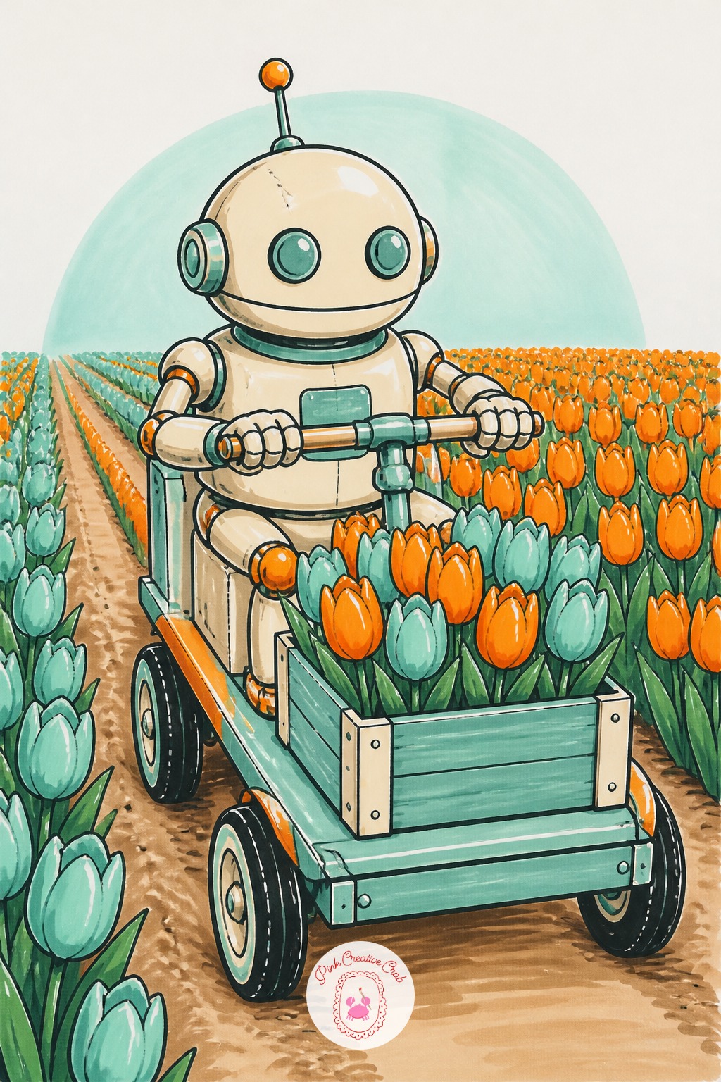 Robot Tulip Farmer On a Rolling Cart — Proportion trick for this one: make the field rows recede by shrinking the tulip shapes as they move up the page and