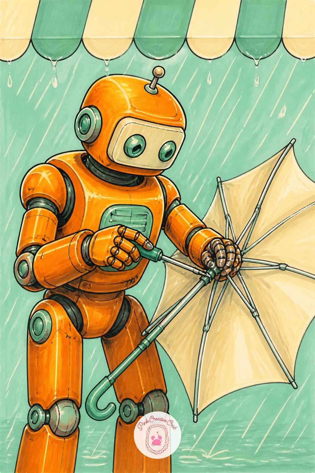 Robot Umbrella Repairman In the Rain — Rain is just straight diagonal lines in a pale mint, drawn all at the same angle across the whole page, never crossing
