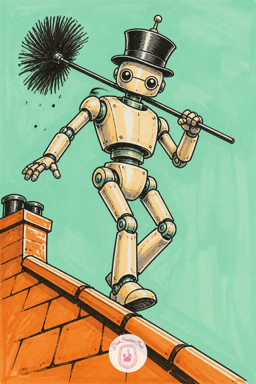 Robot Chimney Sweep On a Rooftop Ledge — Balance is the trick here: place the robot's feet right at the edge of a steep roofline, one foot slightly forward, so