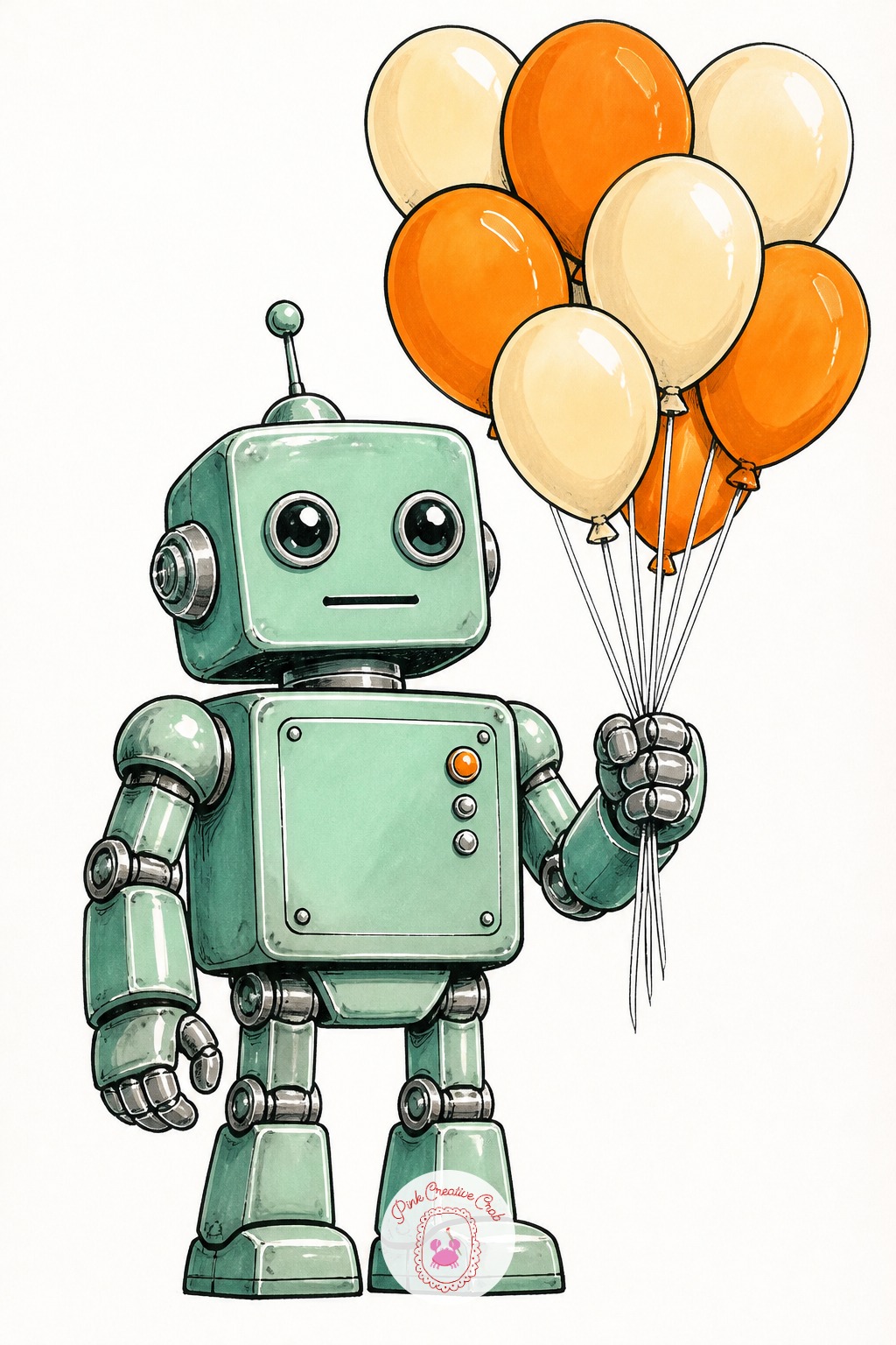 Robot Balloon Seller In the Town Square — Cluster the balloons in overlapping circles rather than a neat row, letting two or three strings cross each other
