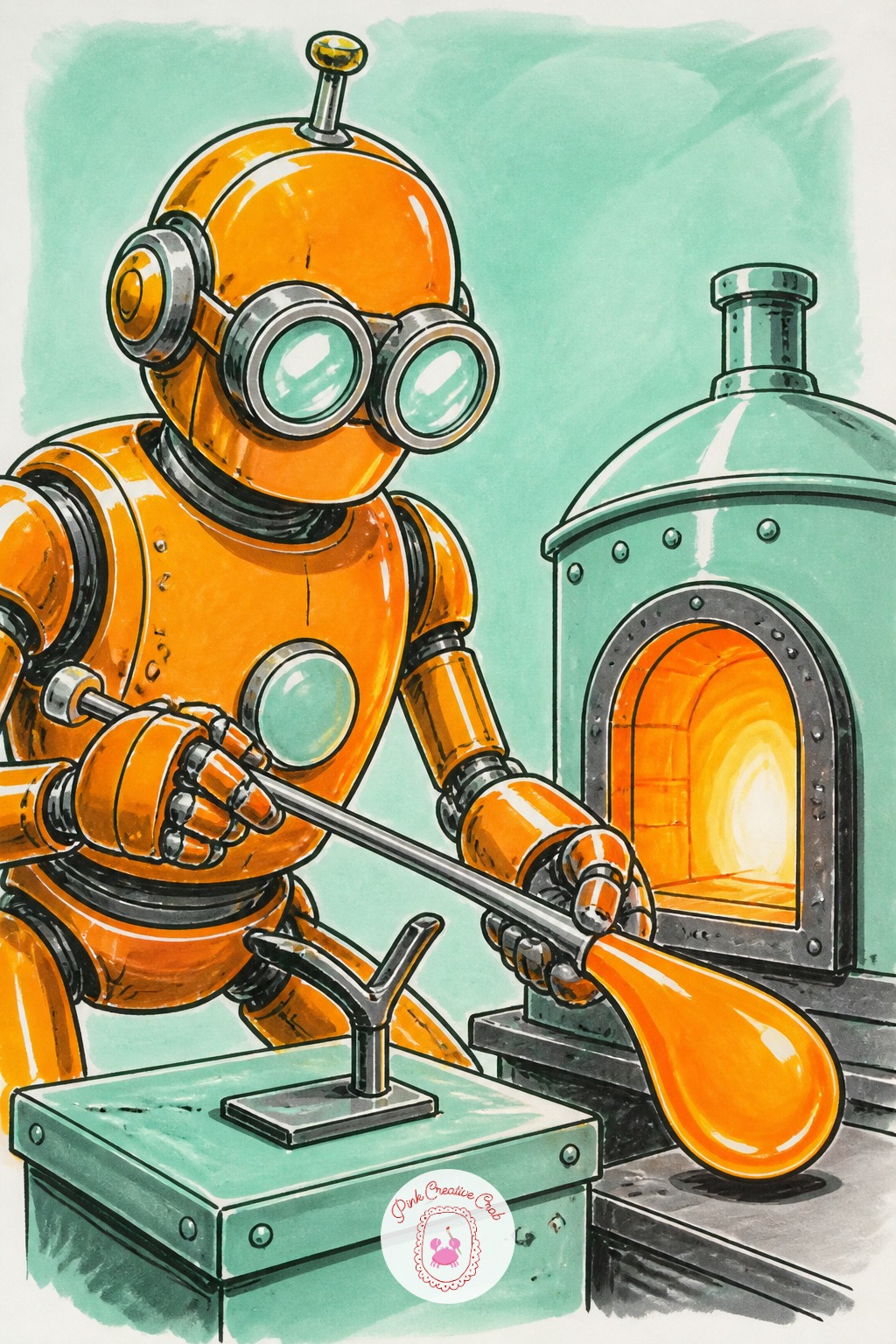 Robot Glassblower At a Little Furnace — This is the most involved scene on the list, so simplify the furnace glow rather than trying to render real fire: a