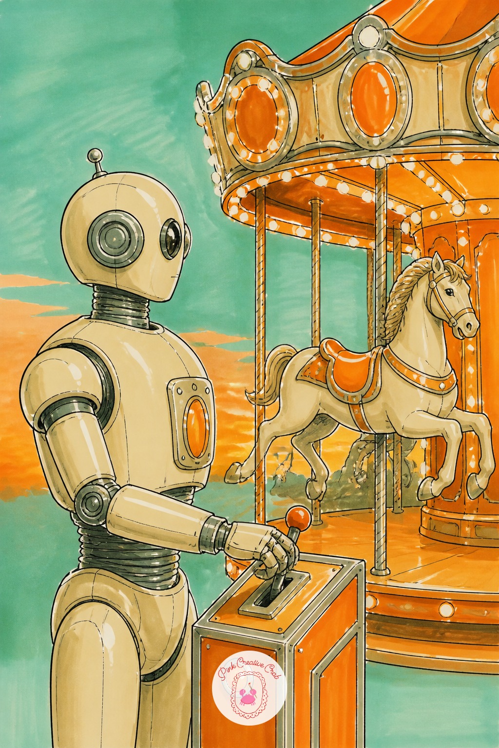 Robot Carousel Operator At Dusk — Light source sits inside the carousel itself here, a warm orange glow spilling outward onto the robot and the ground in front
