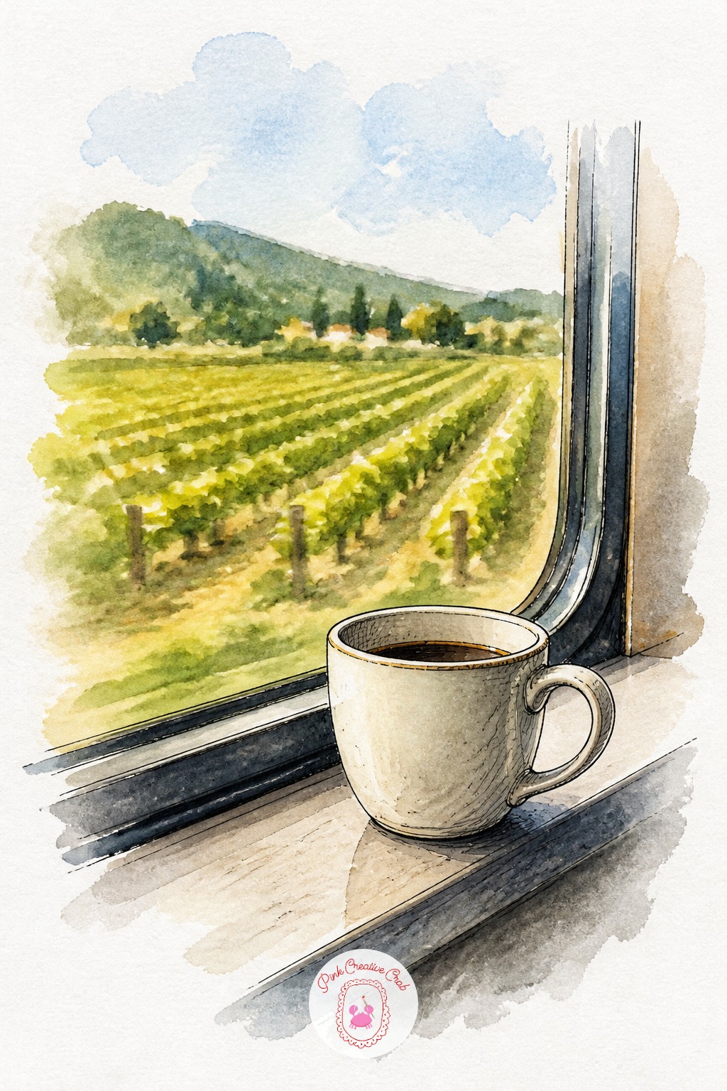Coffee Cup on a Train Ledge — Start with the window ledge, not the view. Travel sketchbook